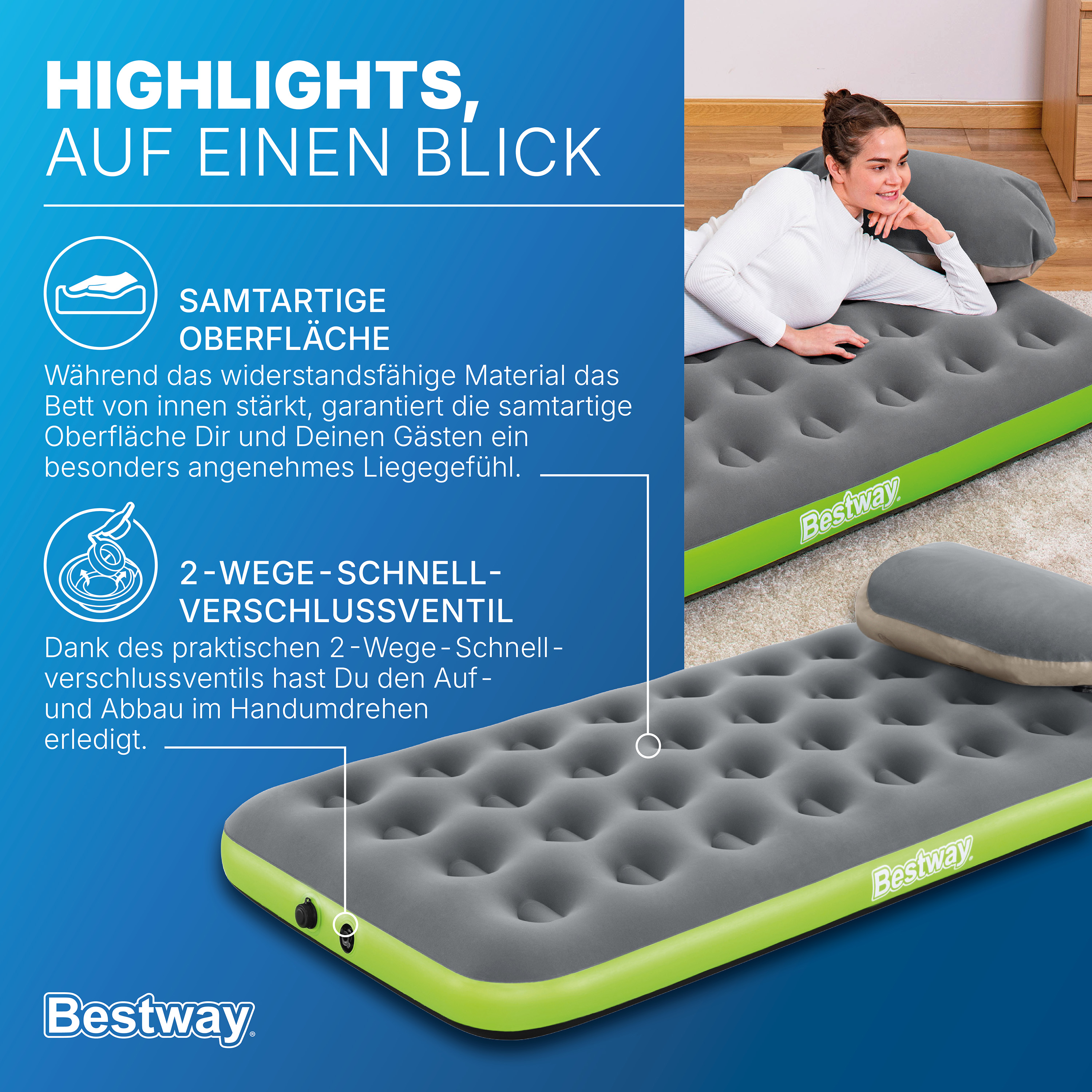Single Luftbett Roll & Relax mit Kissenpumpe 188 x 99 x 22 cm