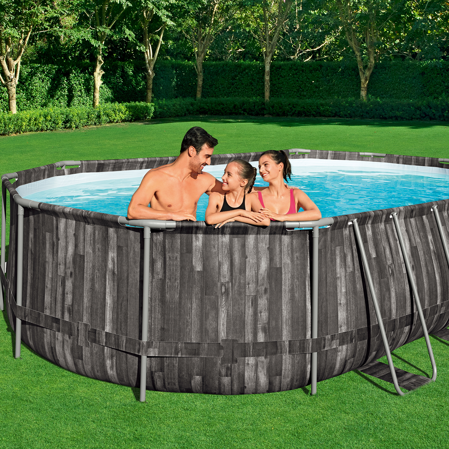 Power Steel™ Frame Pool Komplett Set mit Filterpumpe 610 x 366 x 122 cm , Holz-Optik (Mooreiche), oval