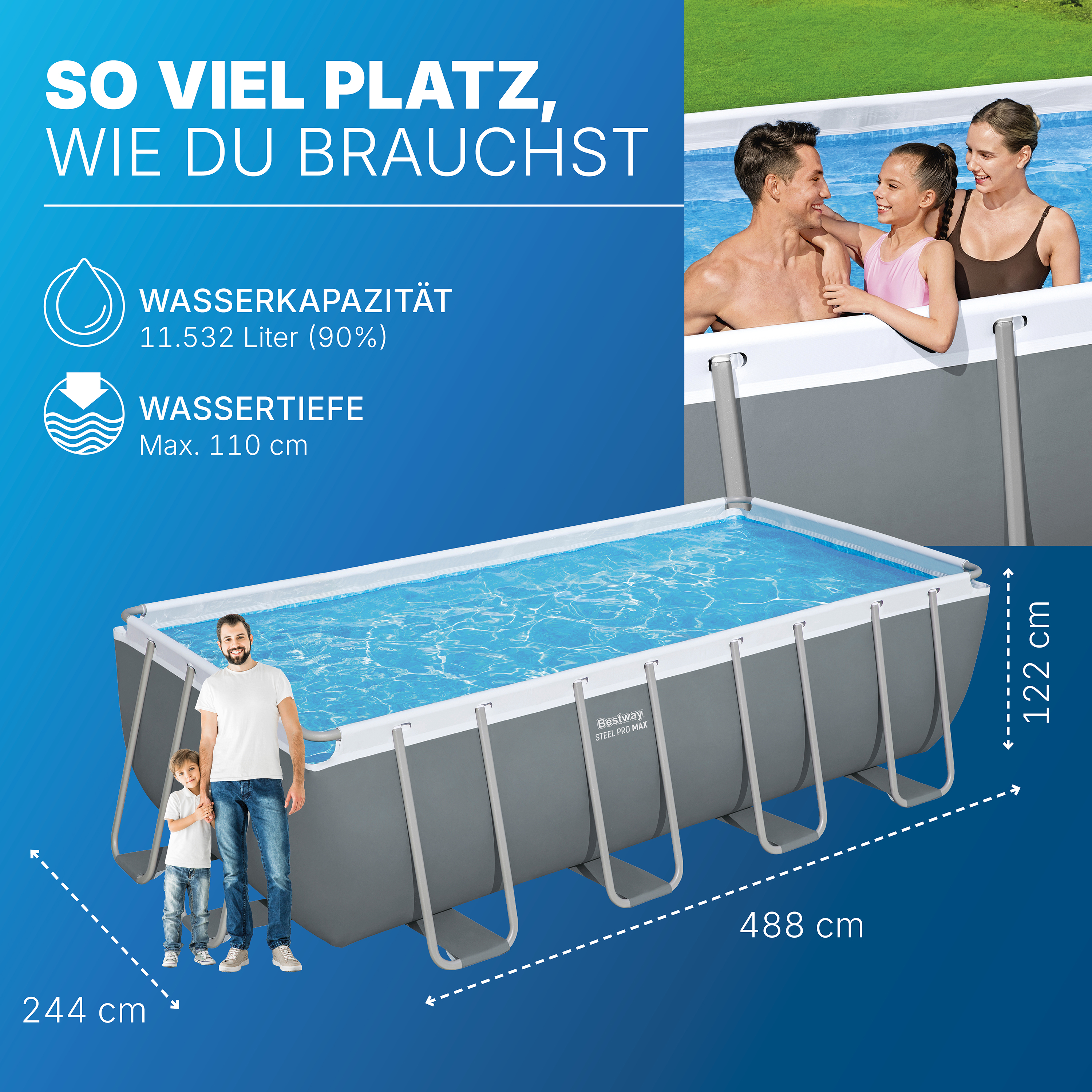 Steel Pro MAX™ Solo Pool ohne Zubehör 488 x 244 x 122 cm, grau, eckig