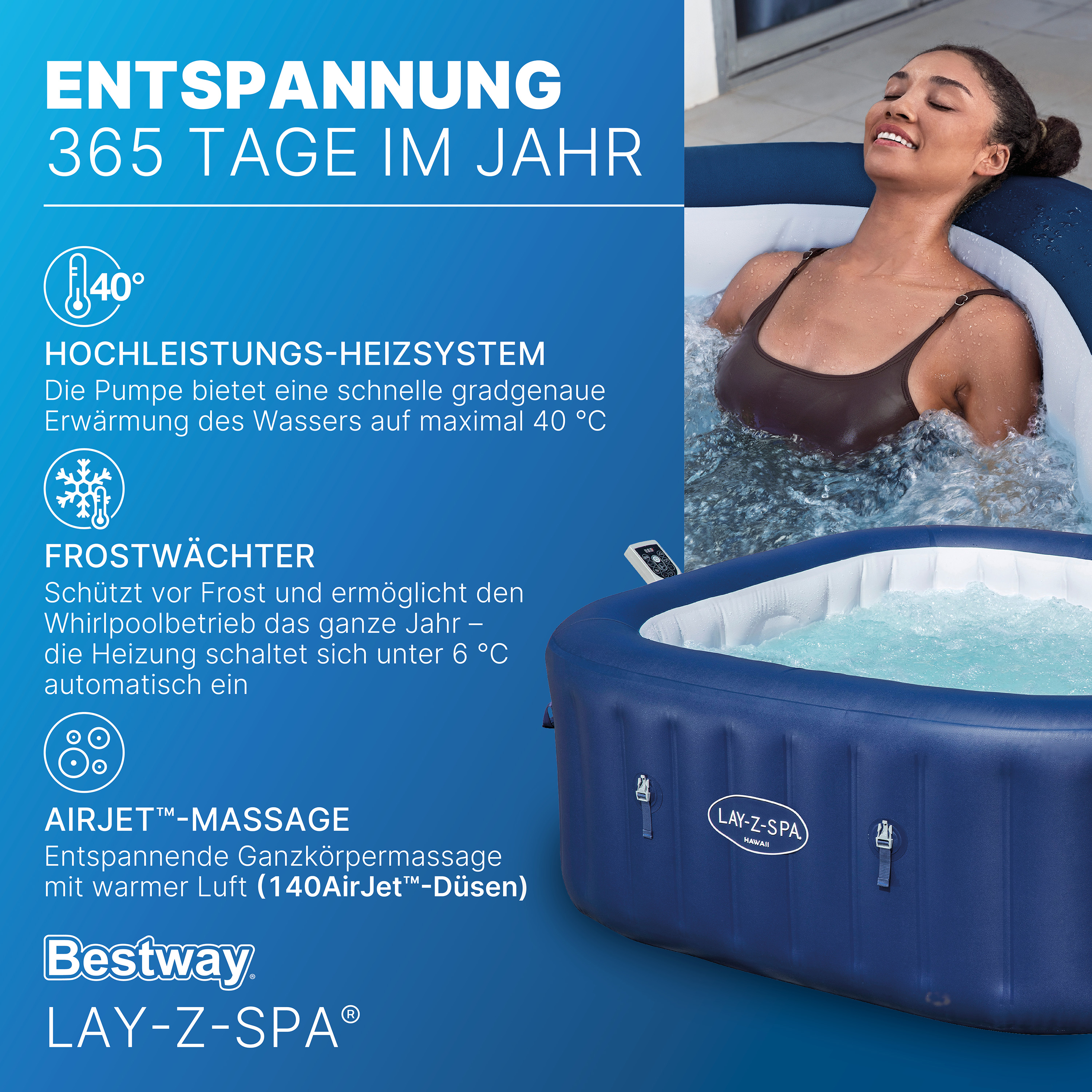 LAY-Z-SPA® Energiespar-Whirlpool Hawaii AirJet™ mit App-Steuerung, für 6 Personen, 180 x 180 x 71 cm, Kobaltblau
