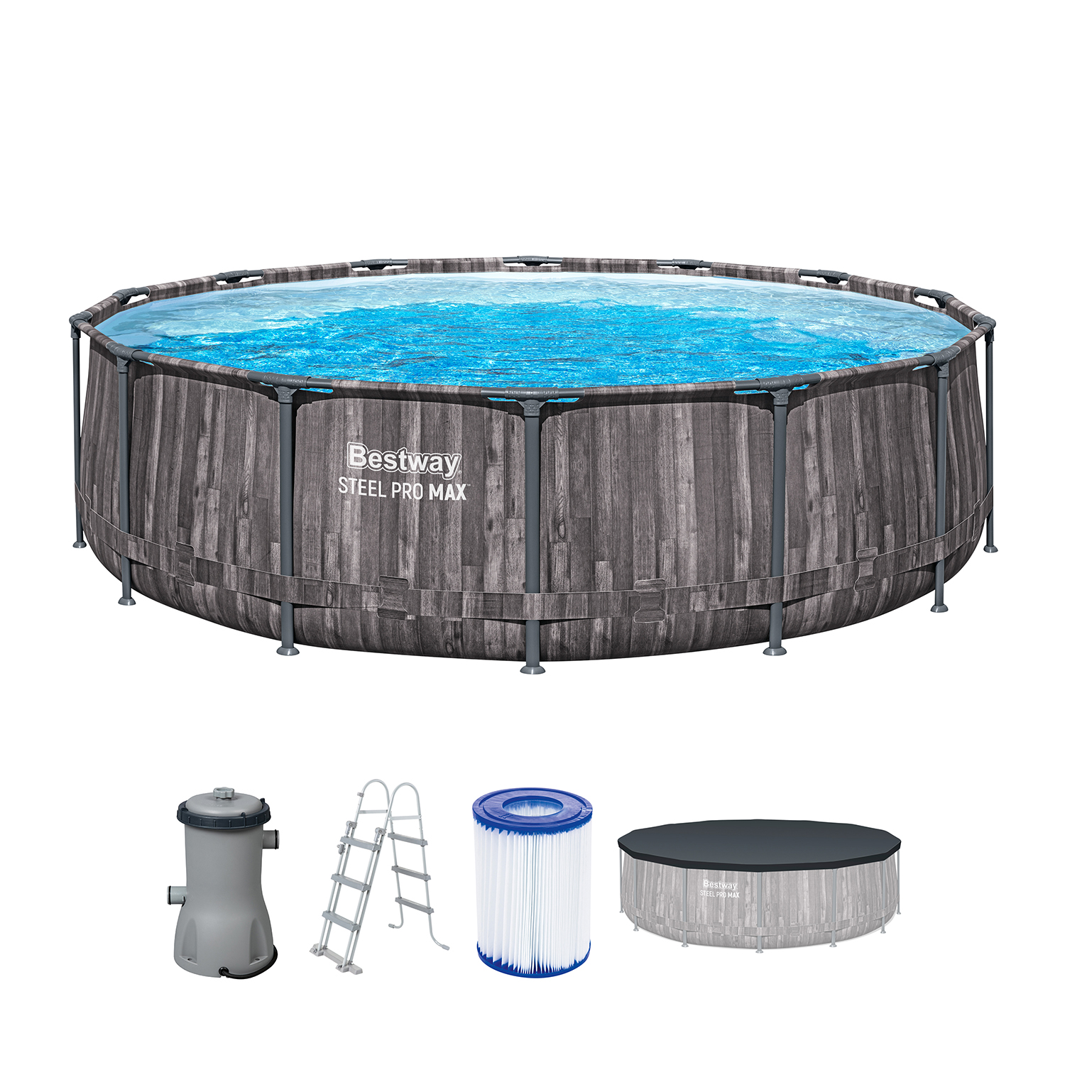 Steel Pro MAX™ Auftstellpool-Komplett-Set mit Filterpumpe Ø 427 x 107 cm, Holz-Optik (Mooreiche), rund
