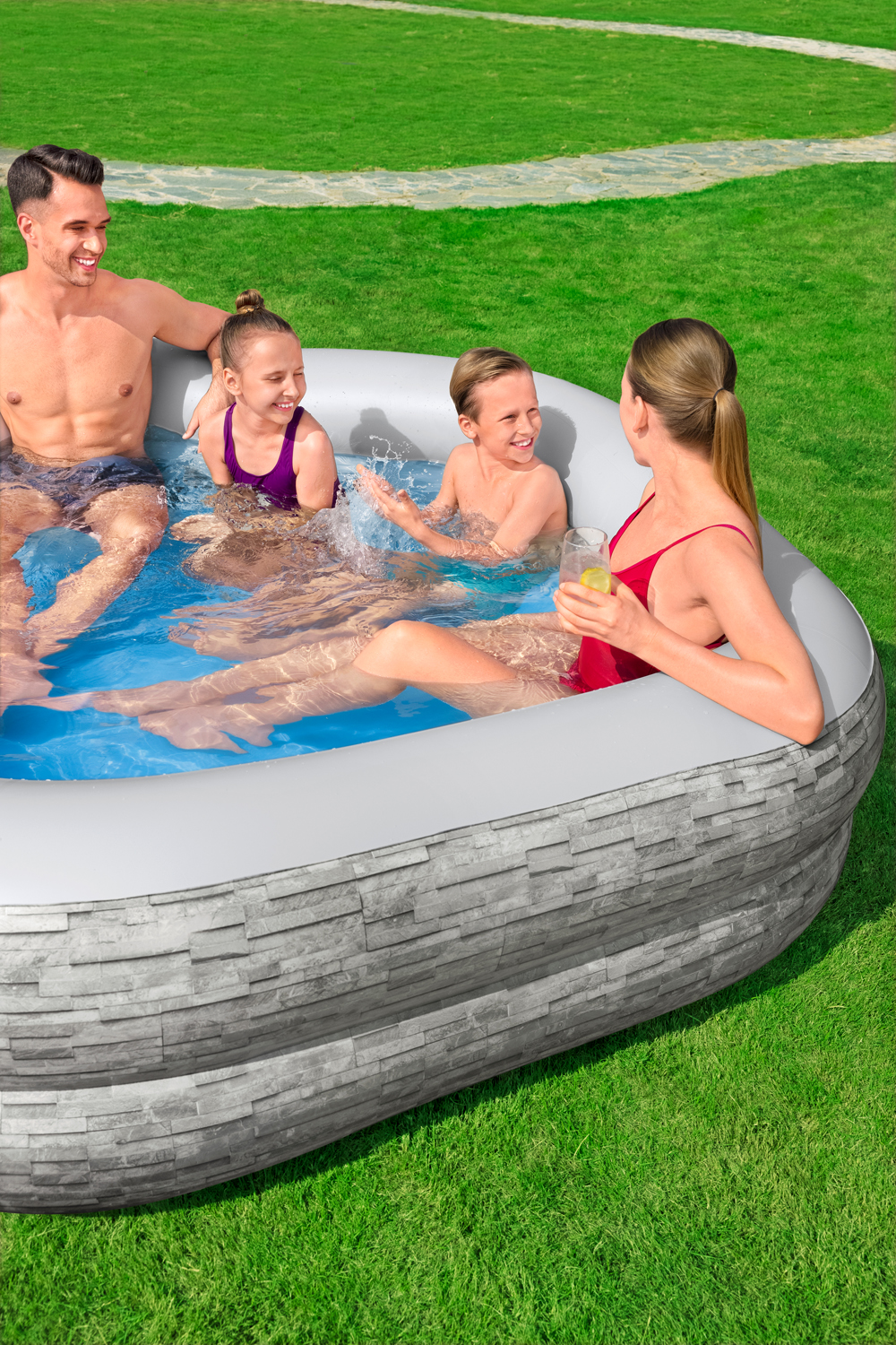 TruPrint™ Family Pool 213 x 206 x 53 cm, Steinwand-Optik (Cremegrau)