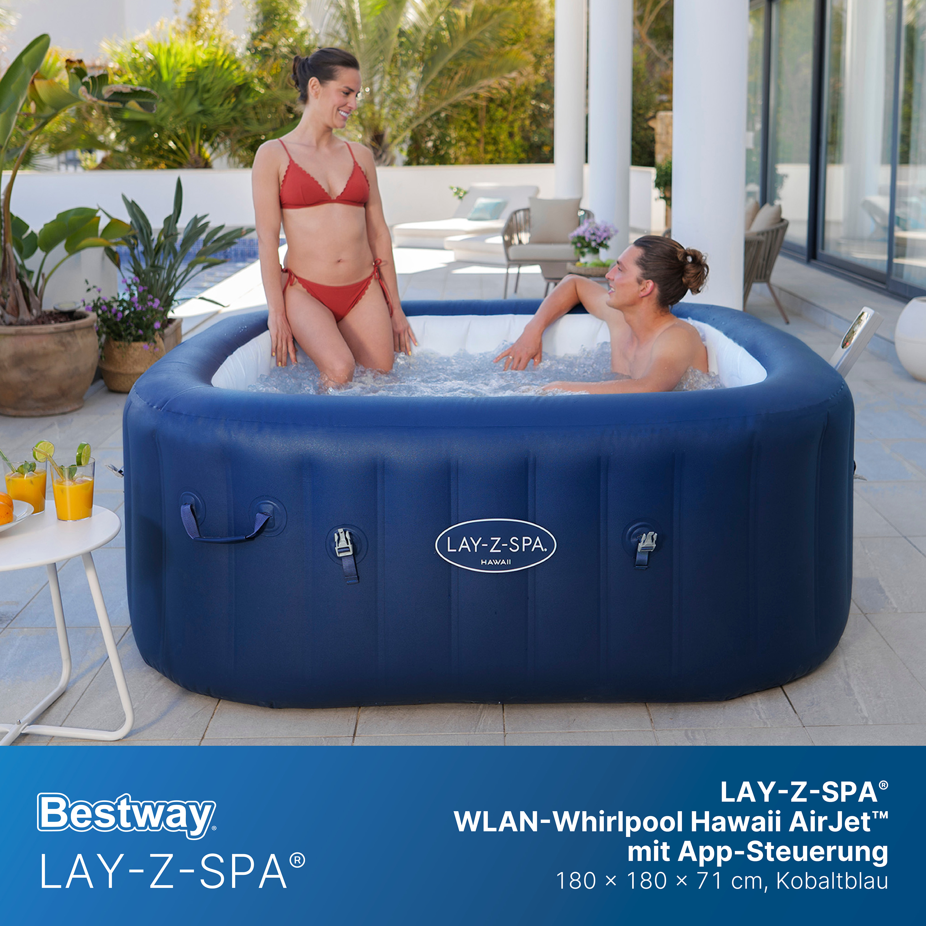 LAY-Z-SPA® Energiespar-Whirlpool Hawaii AirJet™ mit App-Steuerung, für 6 Personen, 180 x 180 x 71 cm, Kobaltblau