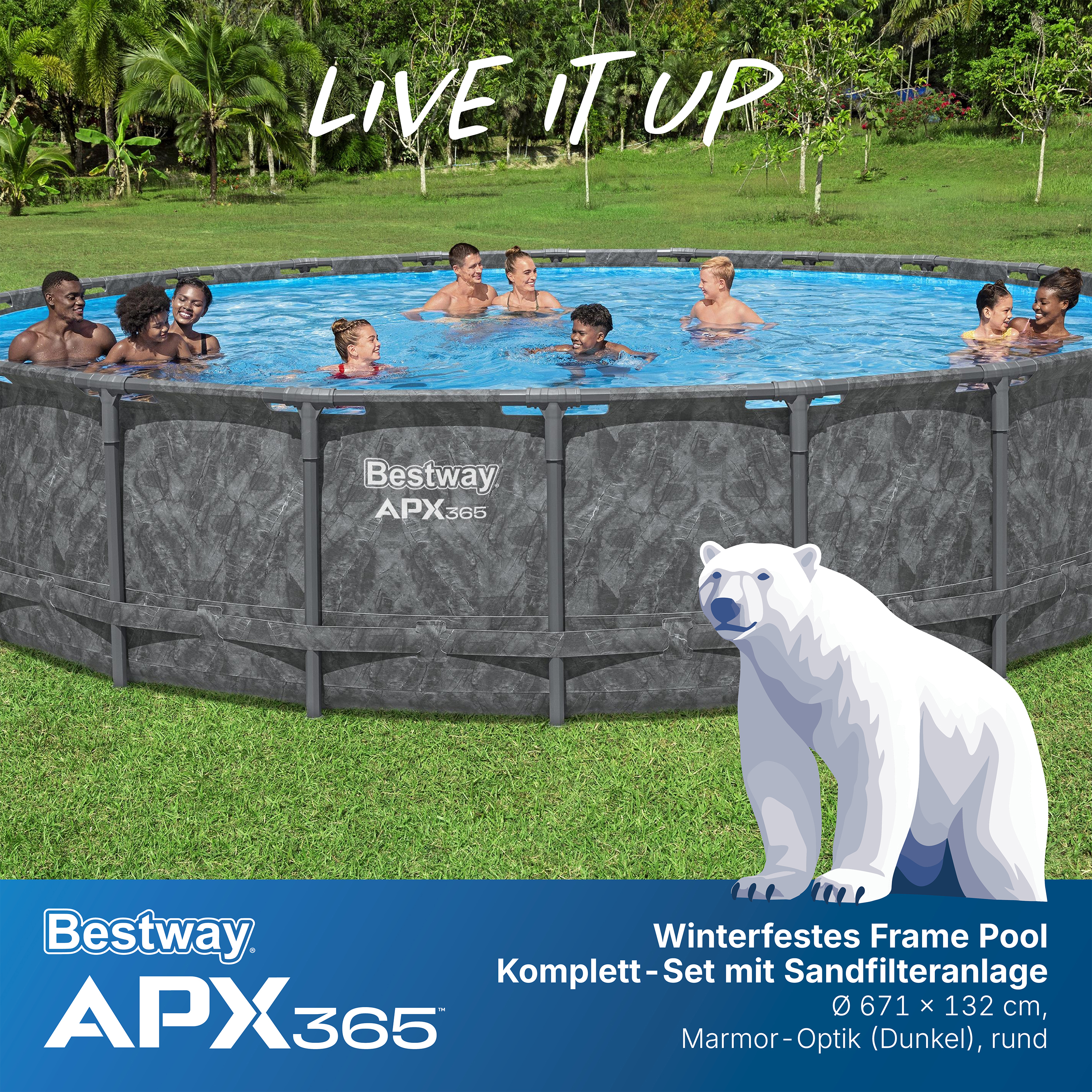 APX365™ Winterfestes Frame Pool Komplett-Set mit Sandfilteranlage Ø 671 x 132 cm, Marmor-Optik (Dunkel), rund