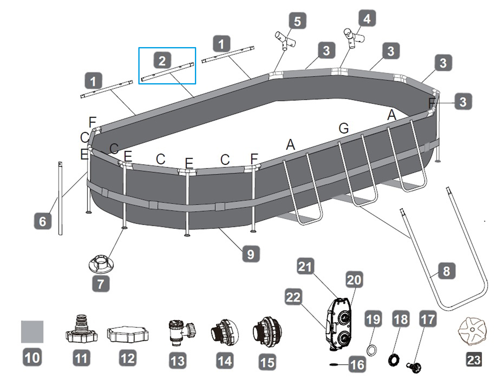 Bestway® Spare Part Top rail G (grey) for Power Steel™ frame pool 610 x 366 x 122 cm, oval