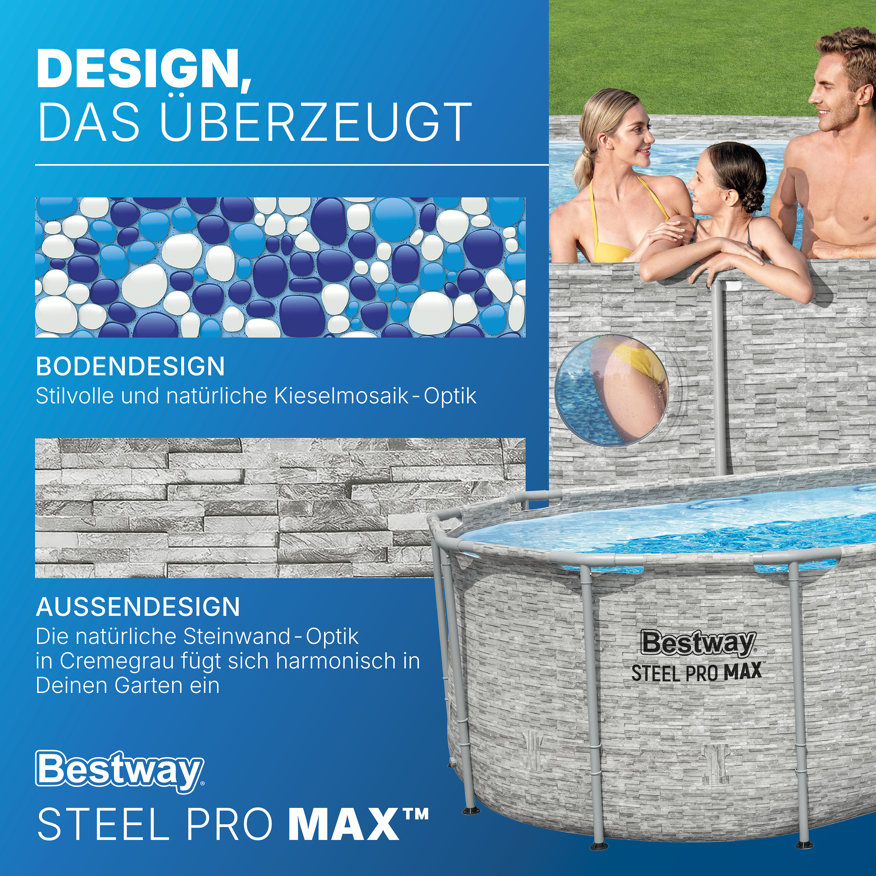 Steel Pro MAX™ Splashview™ Frame Pool Komplett Set mit Filterpumpe 549 x 274 x 122 cm, Steinwand-Optik (Cremegrau), oval
