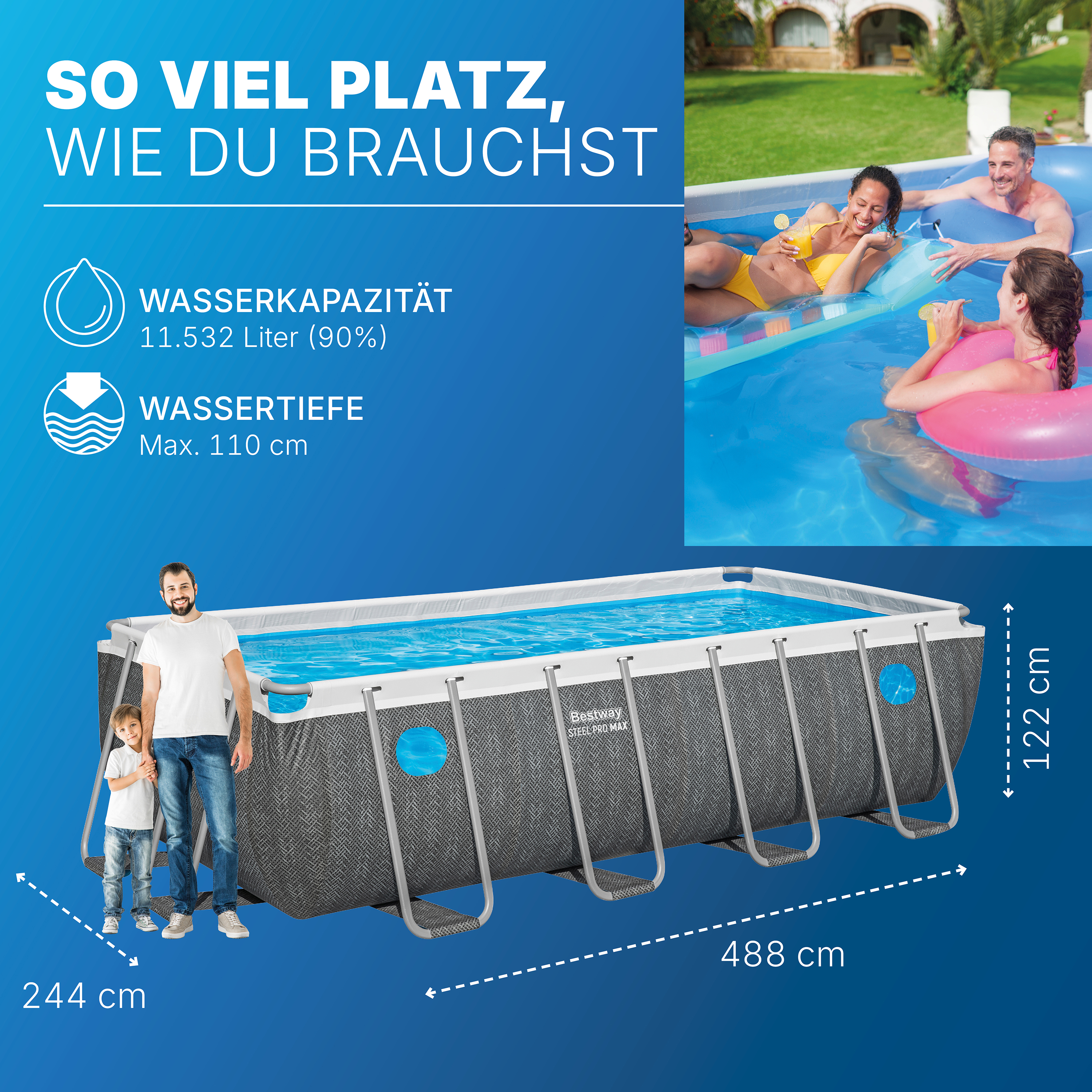 Steel Pro MAX™ Solo Pool ohne Zubehör 488 x 244 x 122 cm, grau, eckig