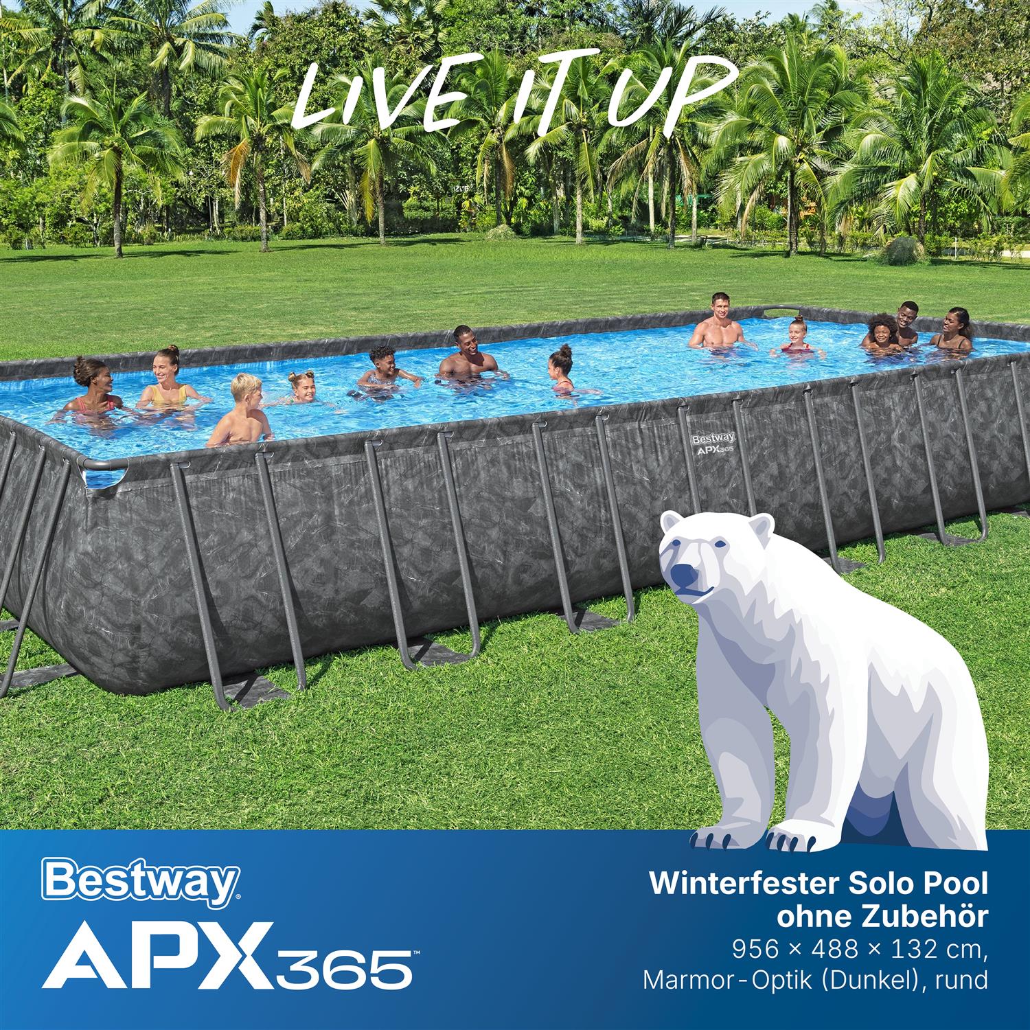 APX365™ Winterfester Solo Pool ohne Zubehör 956 x 488 x 132 cm, Marmor-Optik (Dunkel), eckig APX365™ Winterfester Solo Pool ohne Zubehör 956 x 488 x 132 cm, Marmor-Optik (Dunkel), eckig