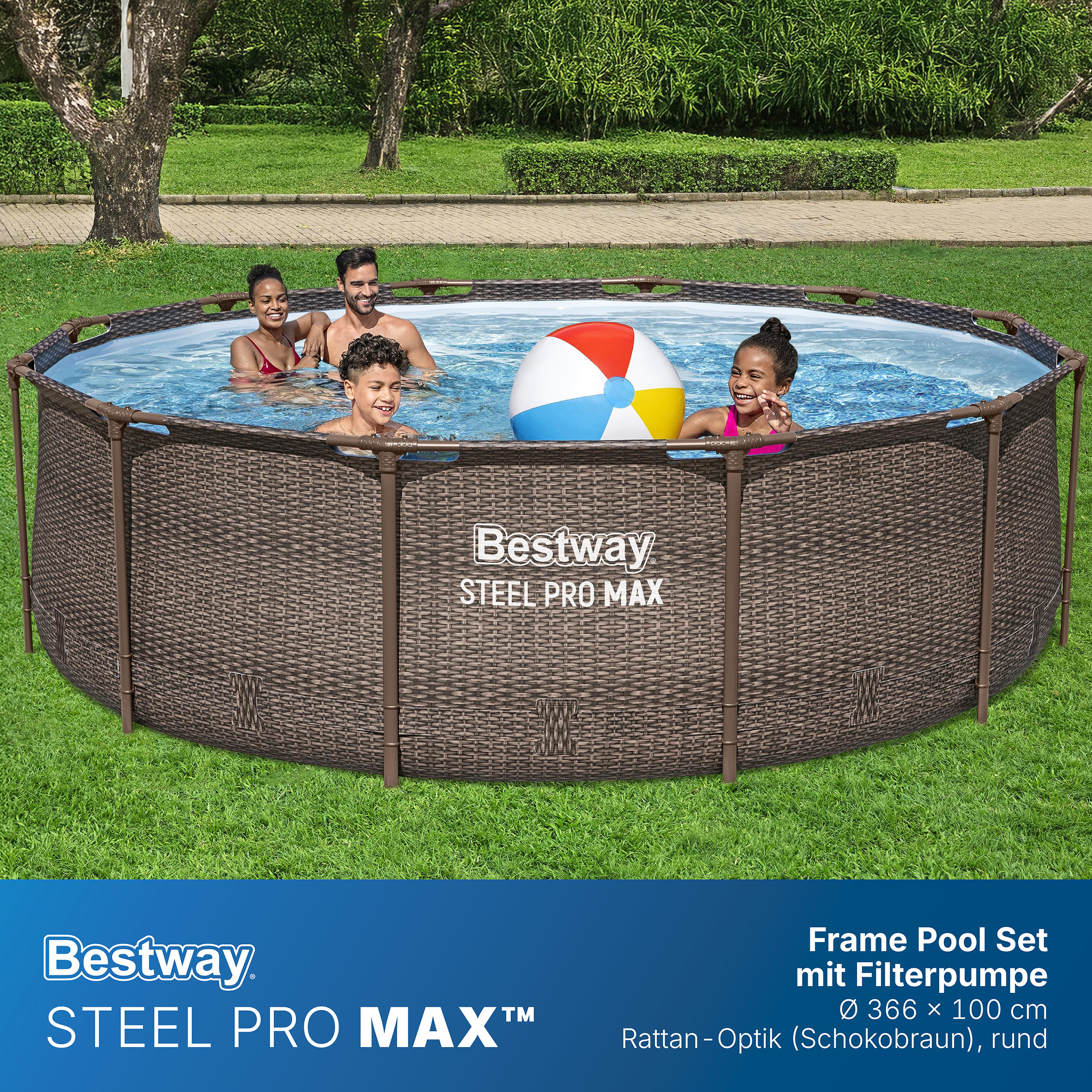 Steel Pro MAX™ Frame Pool Set mit Filterpumpe Ø 366 x 100 cm, Rattan-Optik (Schokobraun), rund