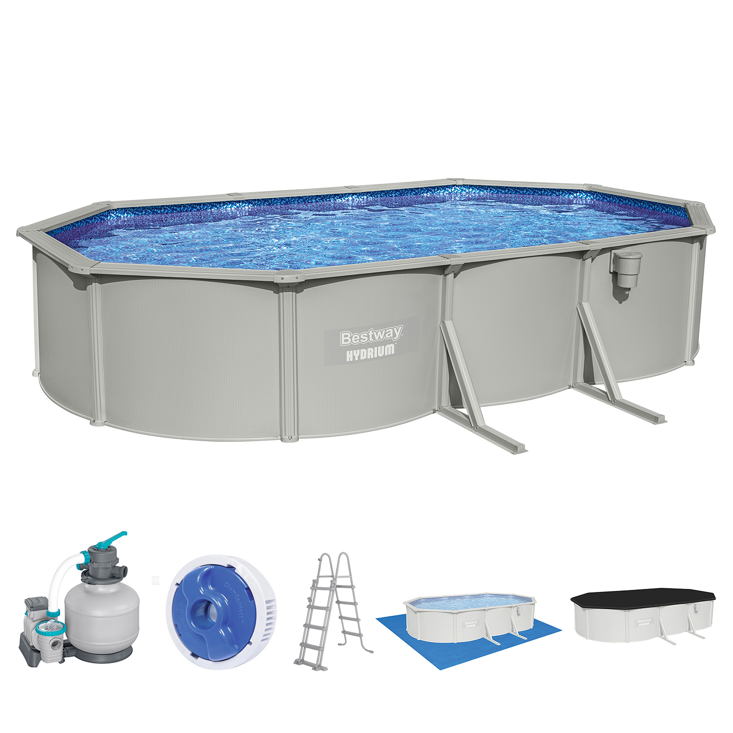 Hydrium™ Stahlwandpool Komplett Set mit Sandfilteranlage 610 x 360 x 120 cm, granitgrau, oval
