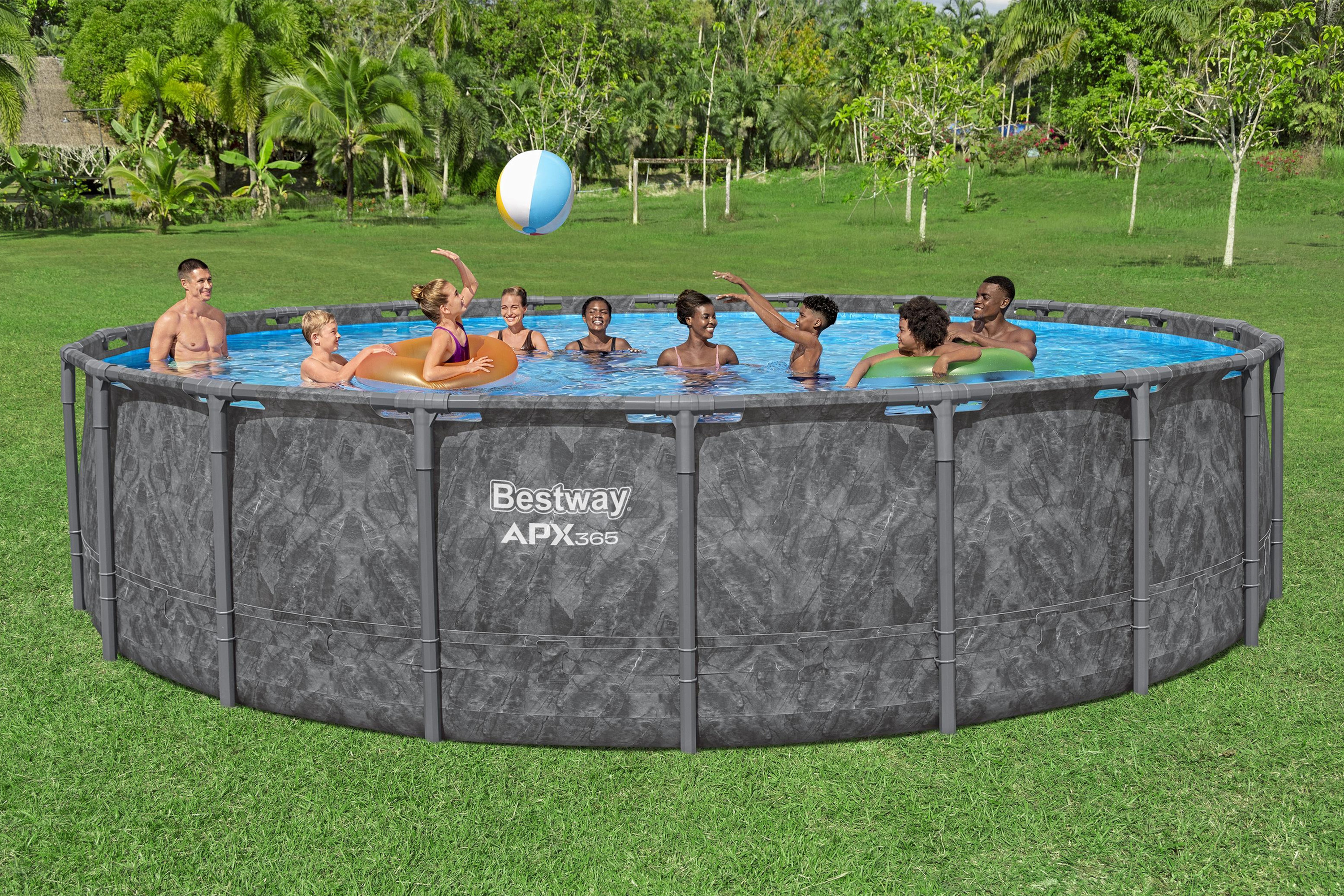 APX365™ Winterfestes Frame Pool Komplett Set mit Sandfilteranlage Ø 610 x 132 cm, Marmor-Optik (Dunkel), rund