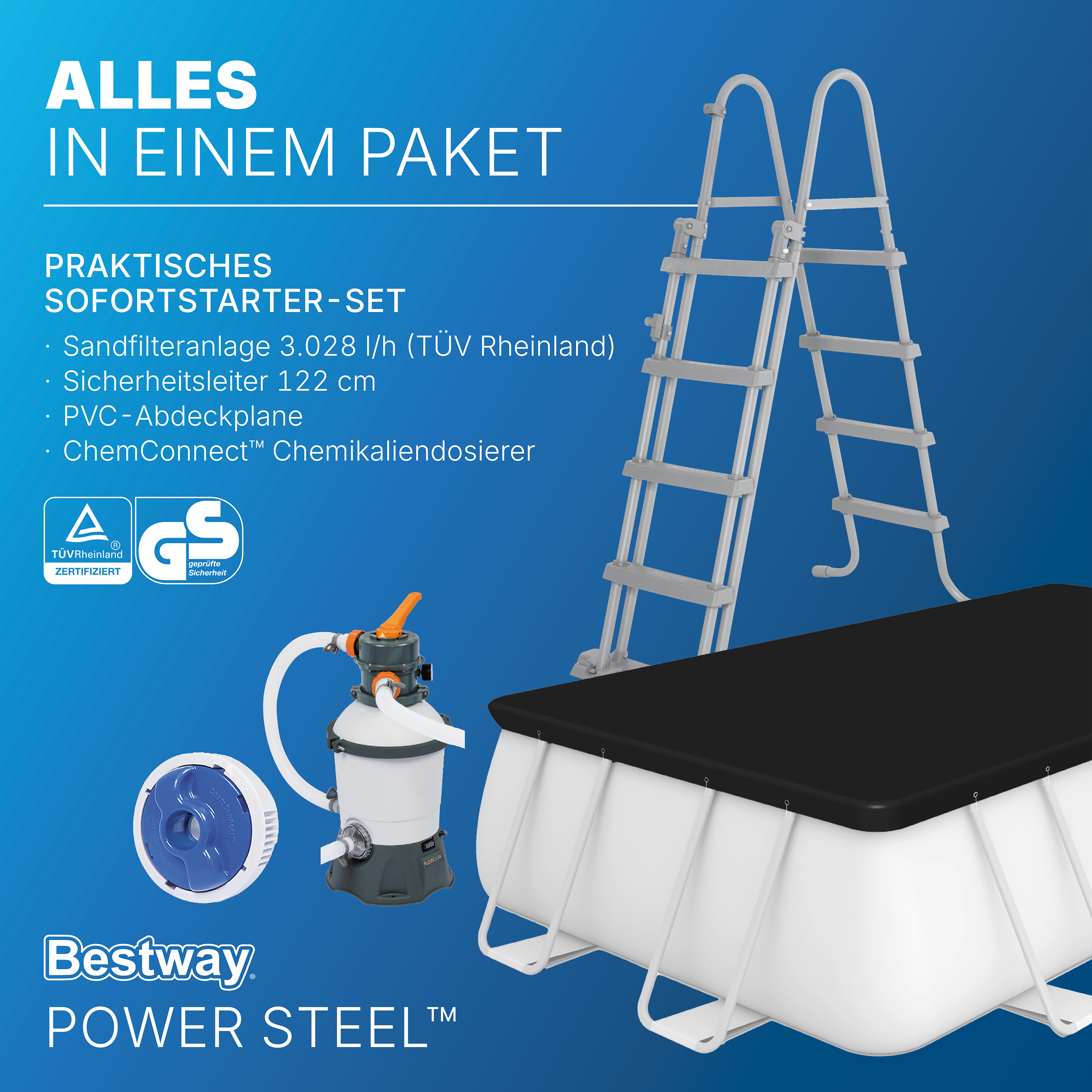 Power Steel™ Frame Pool Komplett Set mit Sandfilteranlage 488 x 244 x 122 cm, lichtgrau, eckig