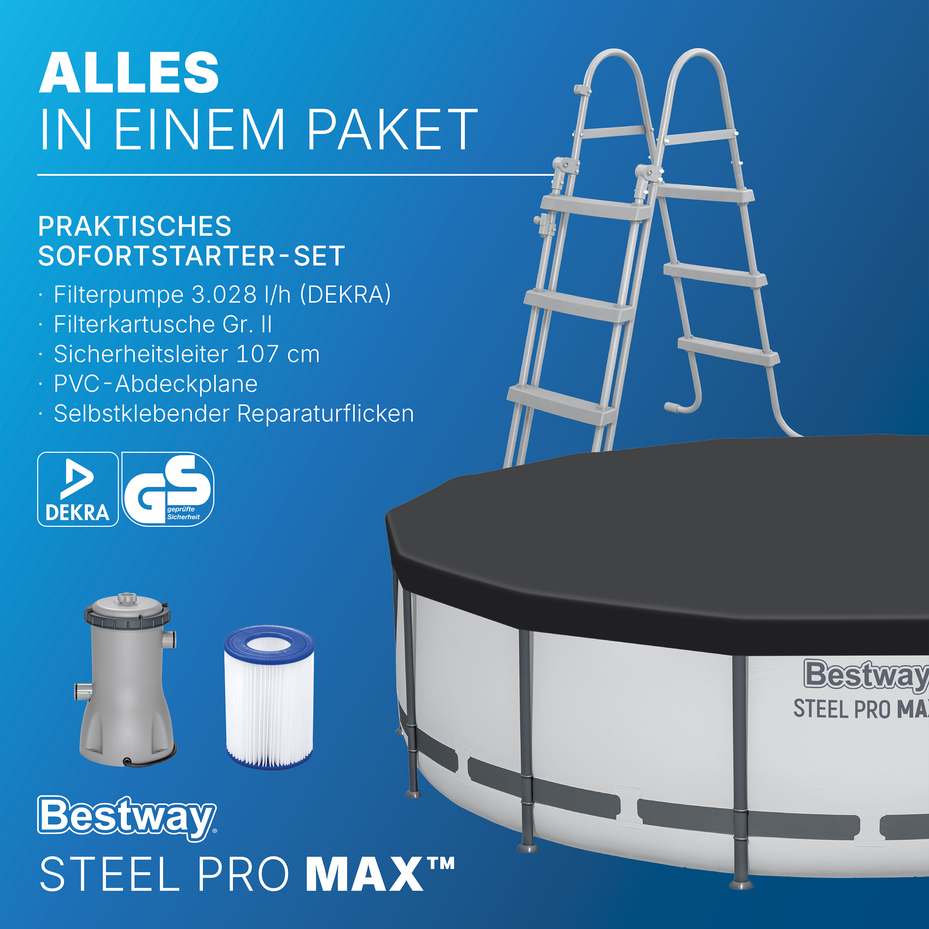 Steel Pro MAX™ Frame Pool Komplett Set mit Filterpumpe Ø 457 x 107 cm, lichtgrau, rund