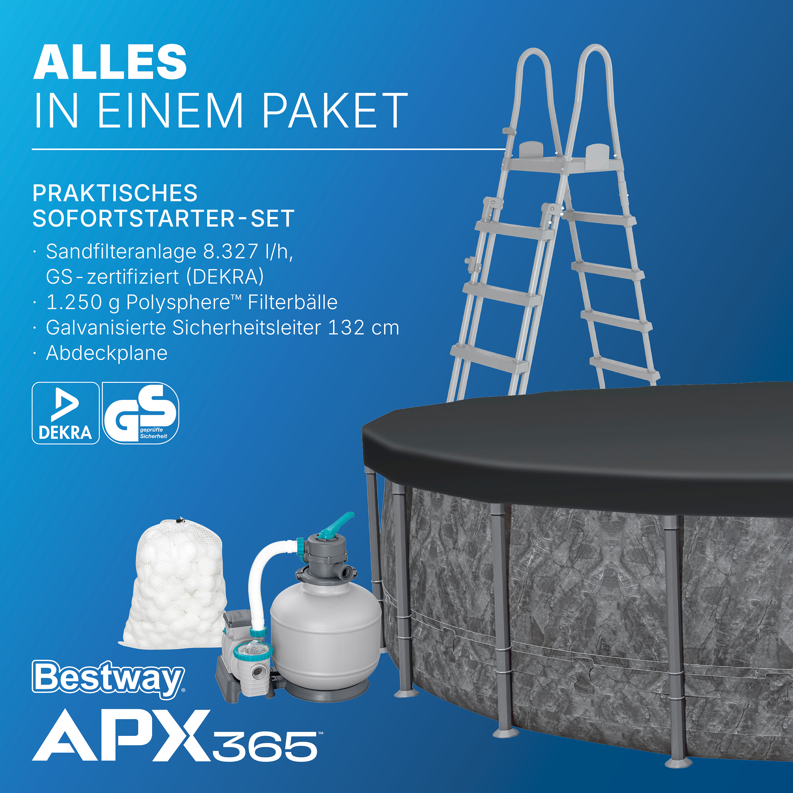 APX365™ Winterfestes Frame Pool Komplett Set mit Sandfilteranlage Ø 610 x 132 cm, Marmor-Optik (Dunkel), rund