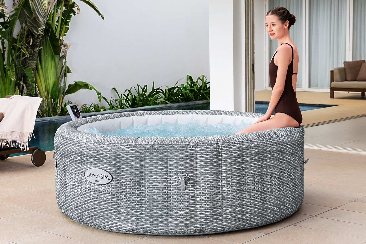 LAY-Z-SPA® Energiespar-Whirlpool Bali AirJet™ mit App-Steuerung, Ø 196 x 71 cm, für 6 Personen, Rattan-Optik (Lichtgrau)