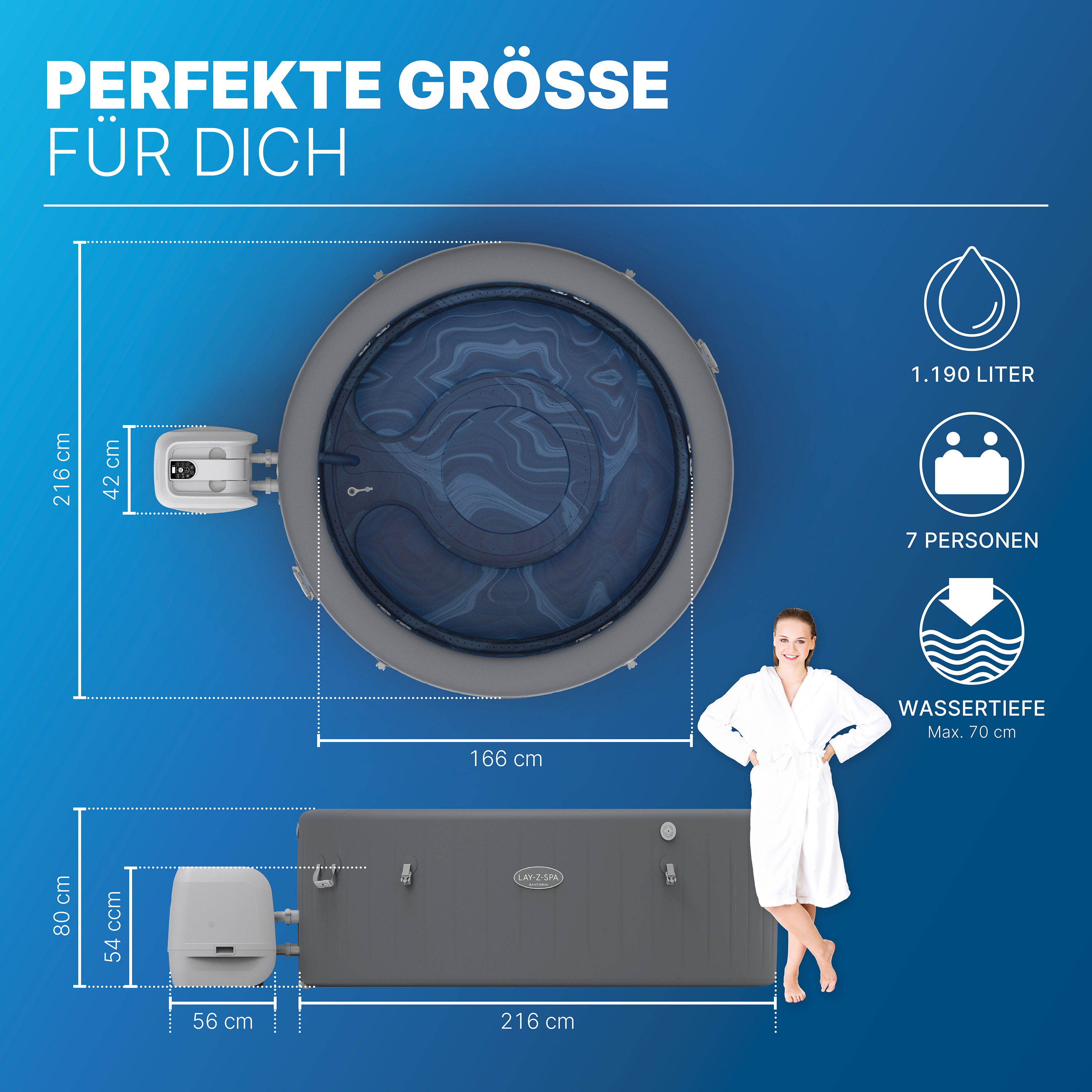 LAY-Z-SPA® Energiespar Whirlpool Santorini HydroJet Pro™ mit App-Steuerung, für 7 Personen Ø 216 x 80 cm, Graphit