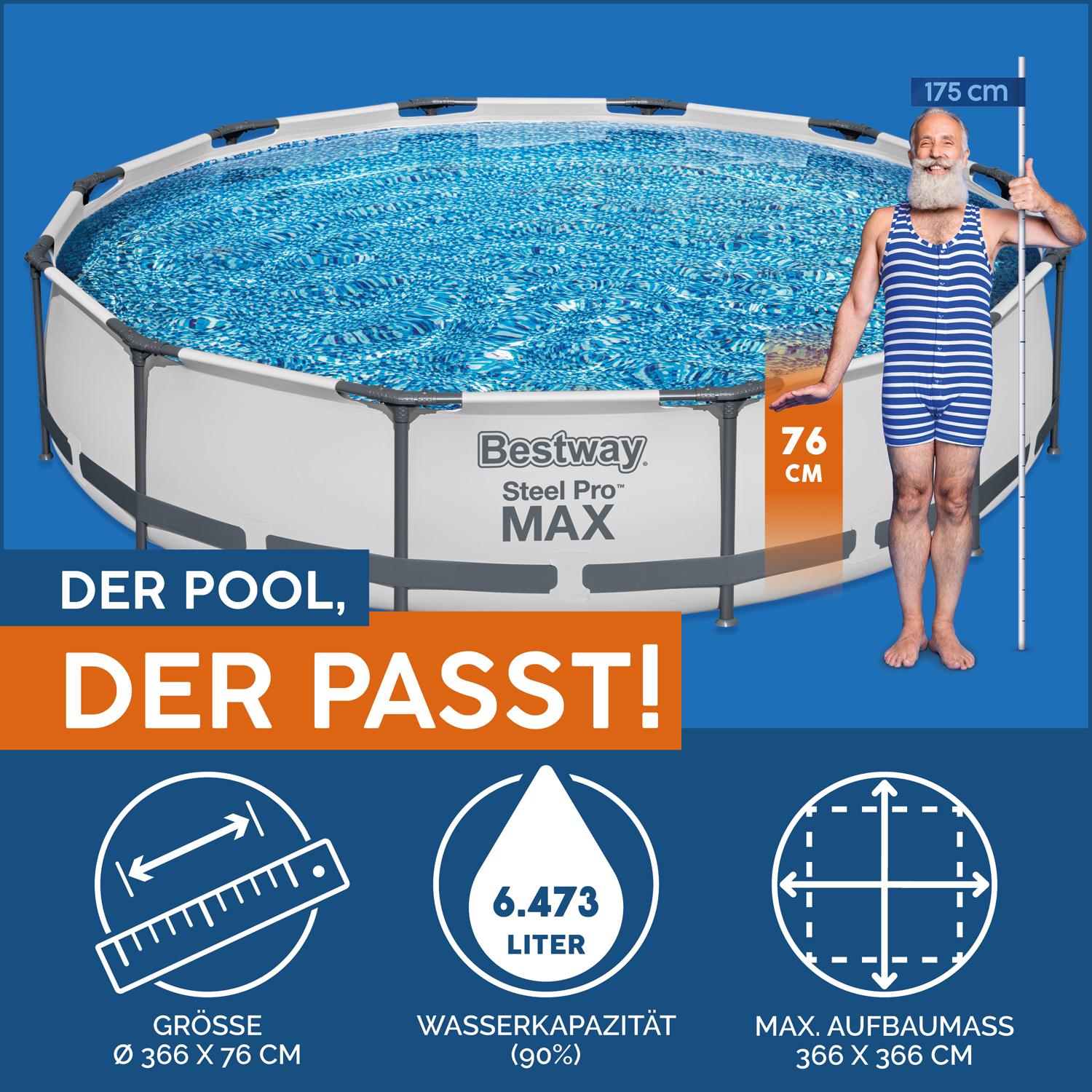 Steel Pro MAX™ Frame Pool Set mit Filterpumpe Ø 366 x 76 cm, lichtgrau, rund