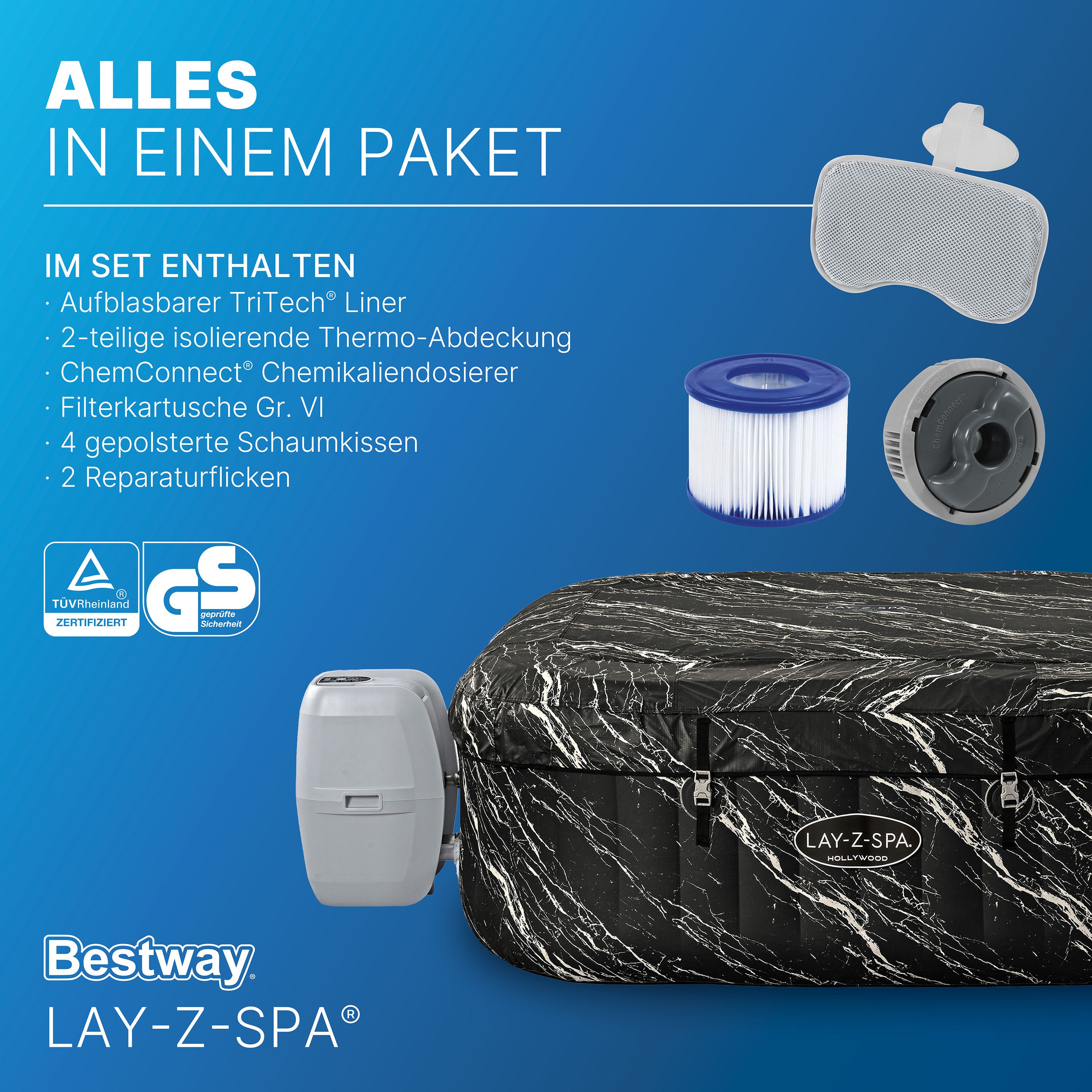 LAY-Z-SPA® LED Whirlpool Hollywood AirJet™ für 6 Personen 180 x 180 x 66 cm, Marmor-Optik (Marquinia)
