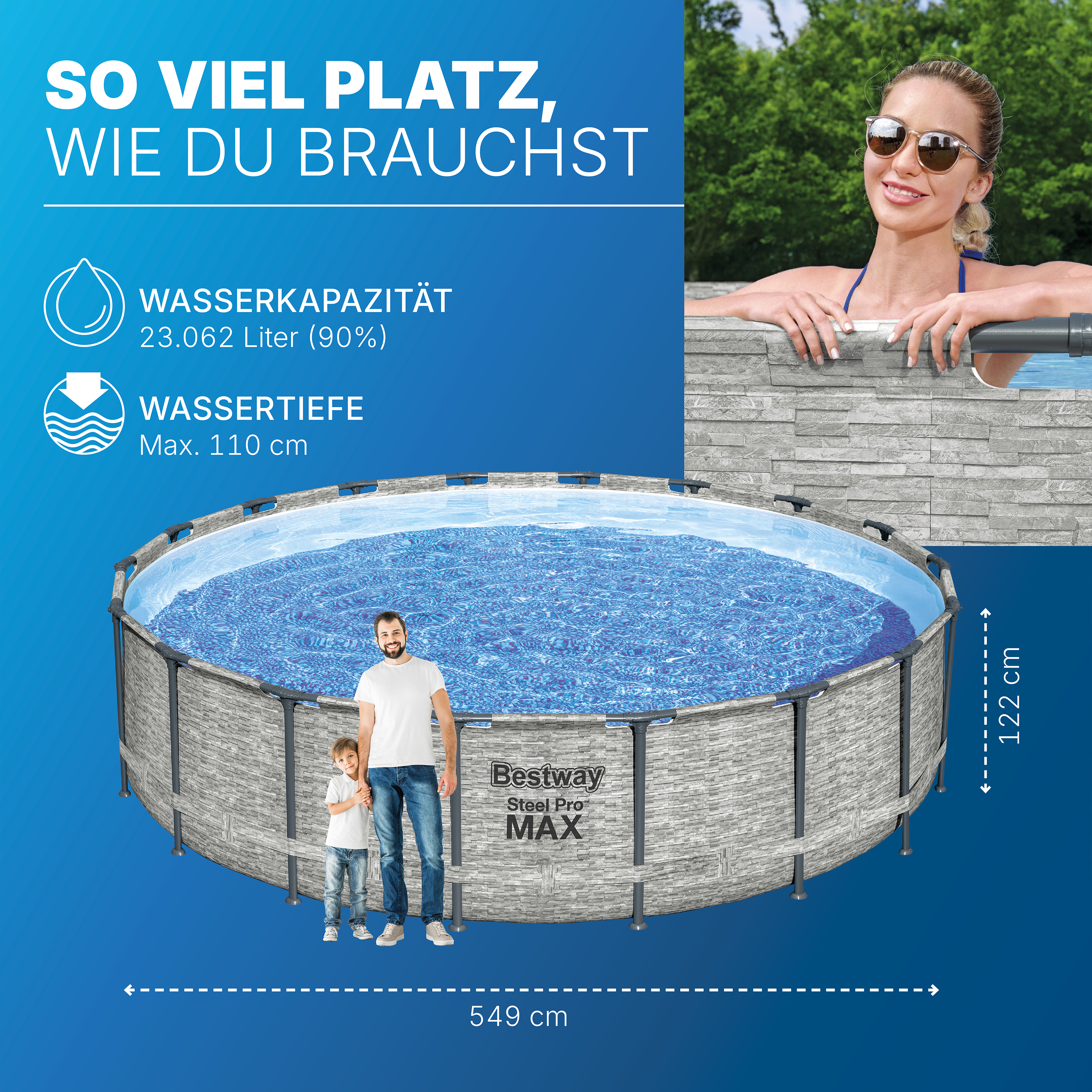 Steel Pro MAX™ Solo Pool ohne Zubehör Ø 549 x 122 cm, Steinwand-Optik (Cremegrau), rund