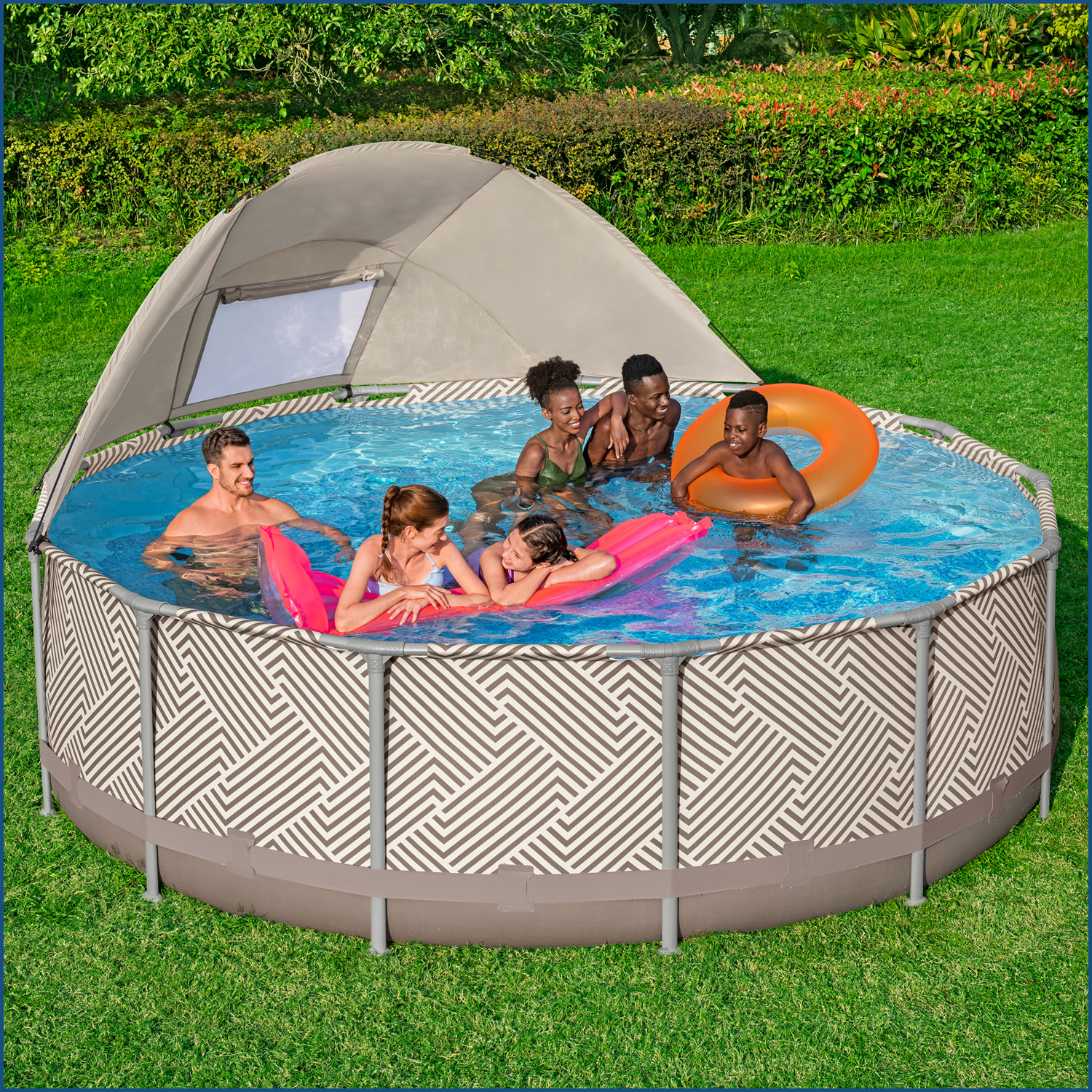 Steel Pro MAX™ Frame Pool Komplett-Set mit Filterpumpe Ø 396 x 107 cm, Op Art-Design, rund