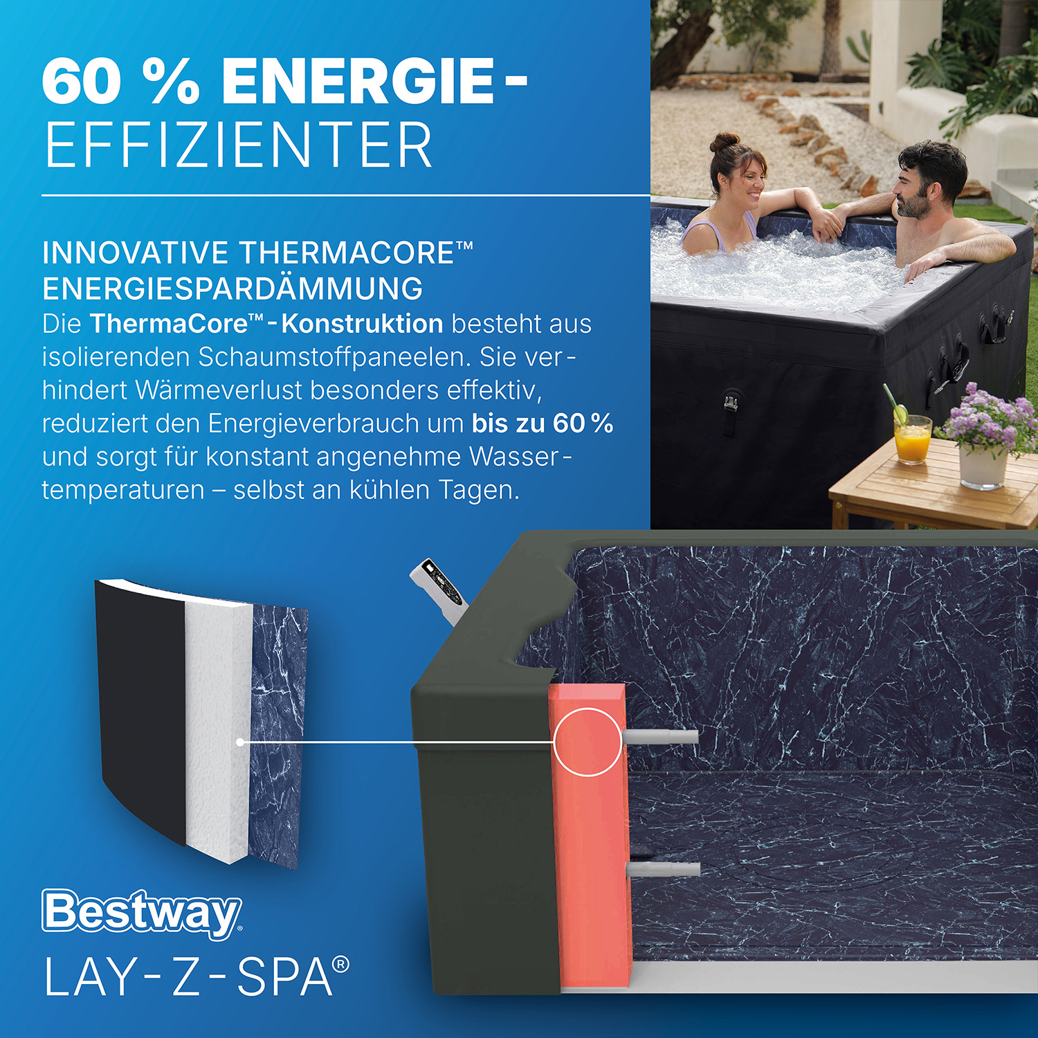 LAY-Z-SPA® ThermaCore™ Energiespar Whirlpool Stockholm AirJet™ mit App Steuerung, für 6 Personen, 164 x 164 x 65 cm, eckig