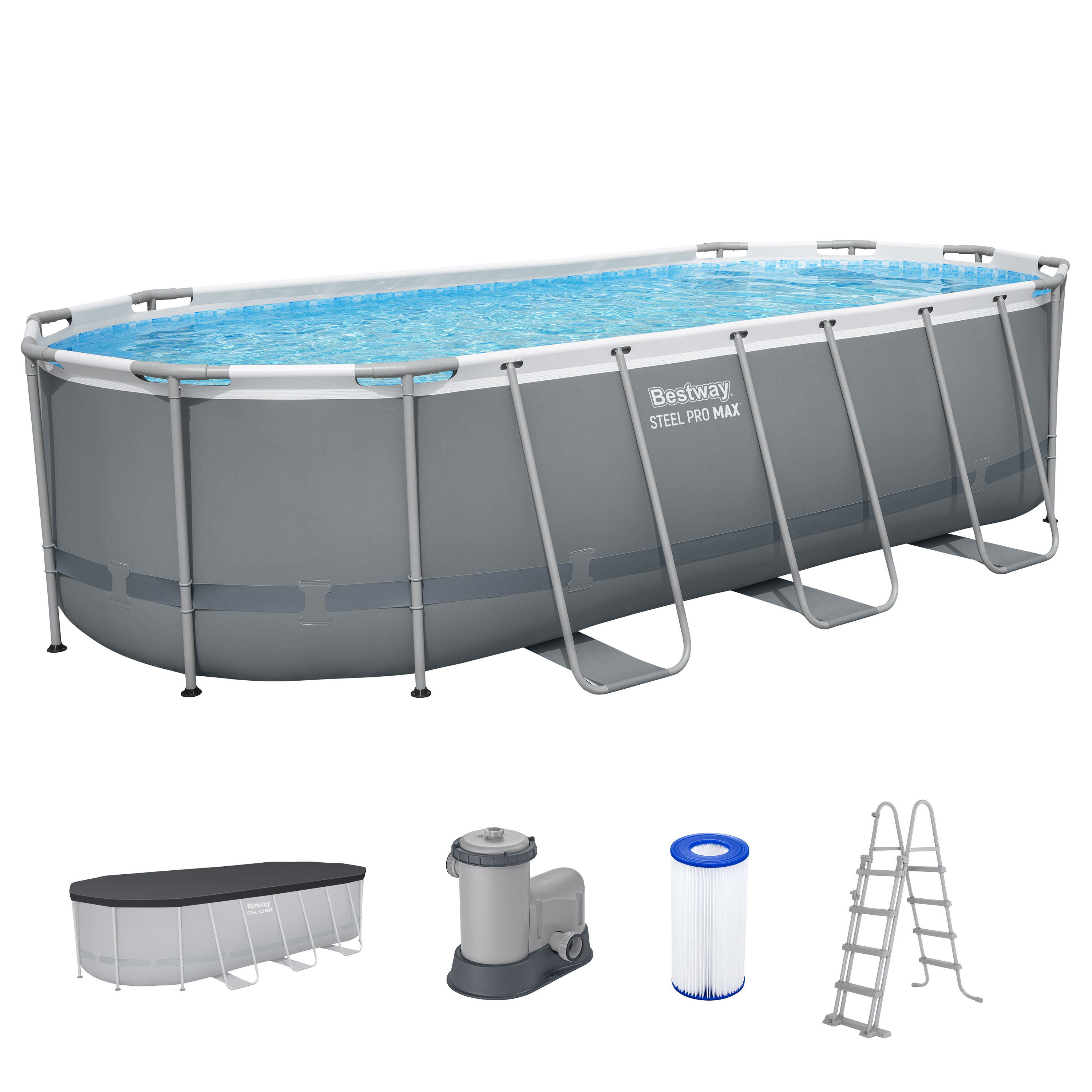 Steel Pro MAX™ Frame Pool Komplett Set mit Filterpumpe 549 x 274 x 122 cm, grau, oval