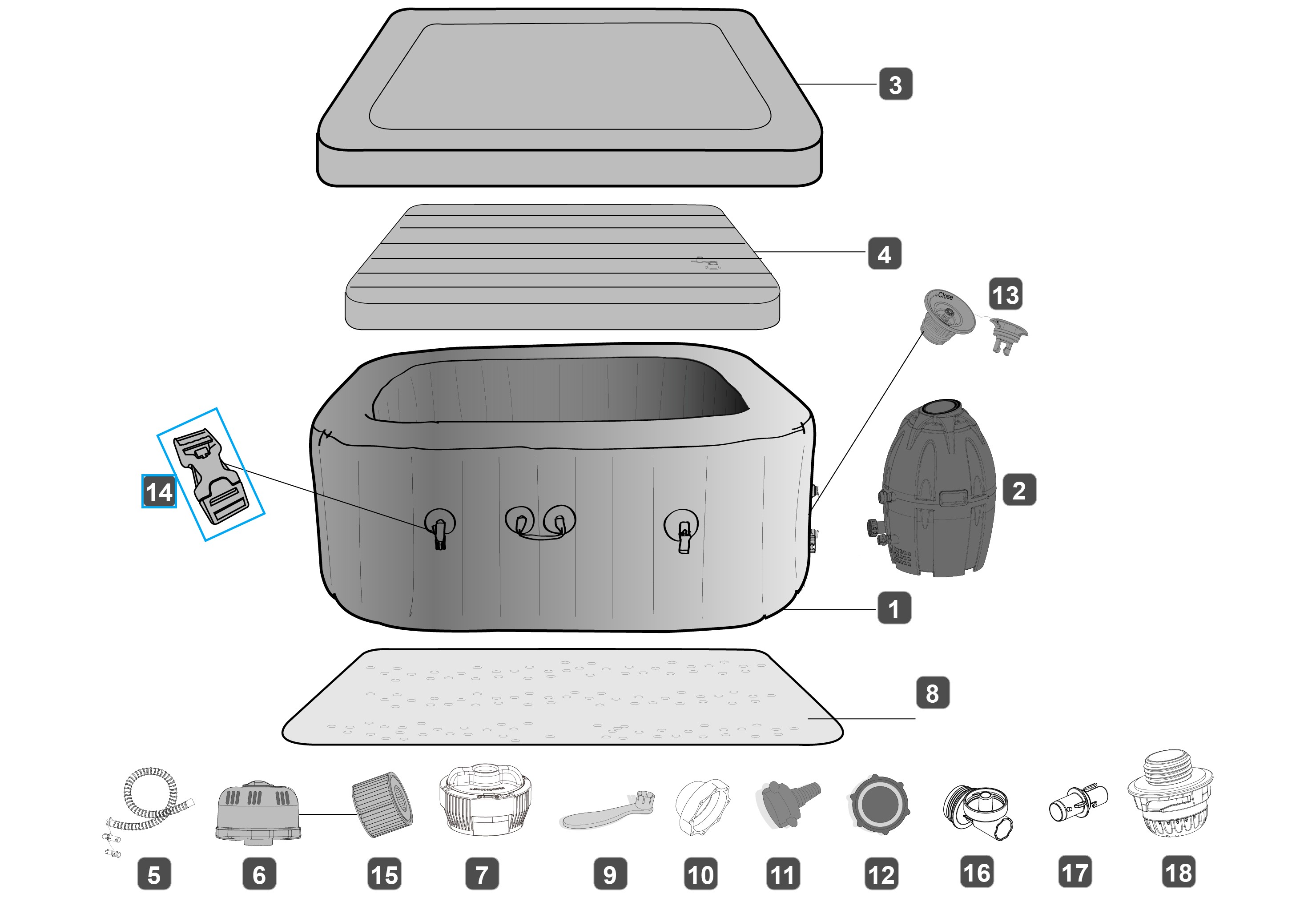 Bestway® Spare Part SPA buckle set (gray / 4 pieces) for LAY-Z-SPA® whirlpools (from 2021)