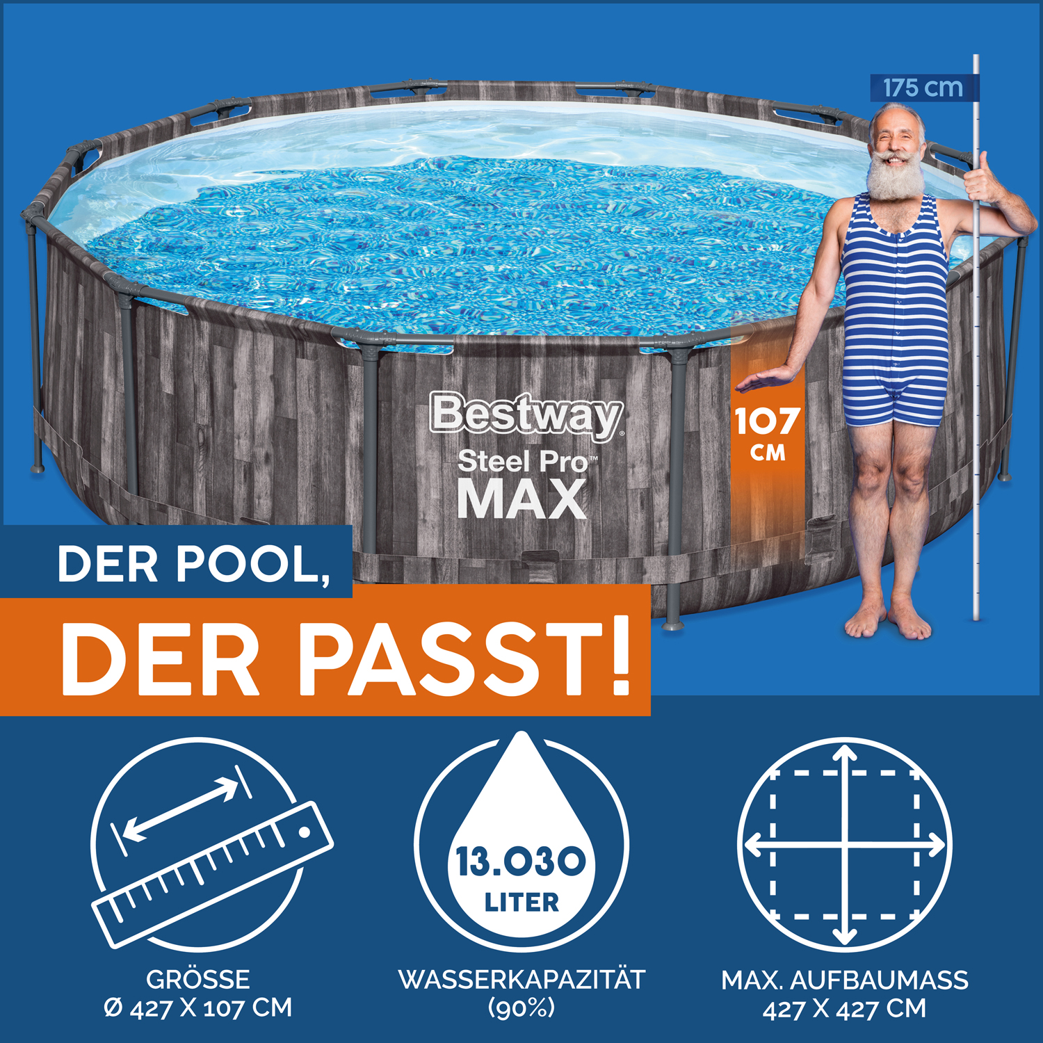 Steel Pro MAX™ Auftstellpool-Komplett-Set mit Filterpumpe Ø 427 x 107 cm, Holz-Optik (Mooreiche), rund