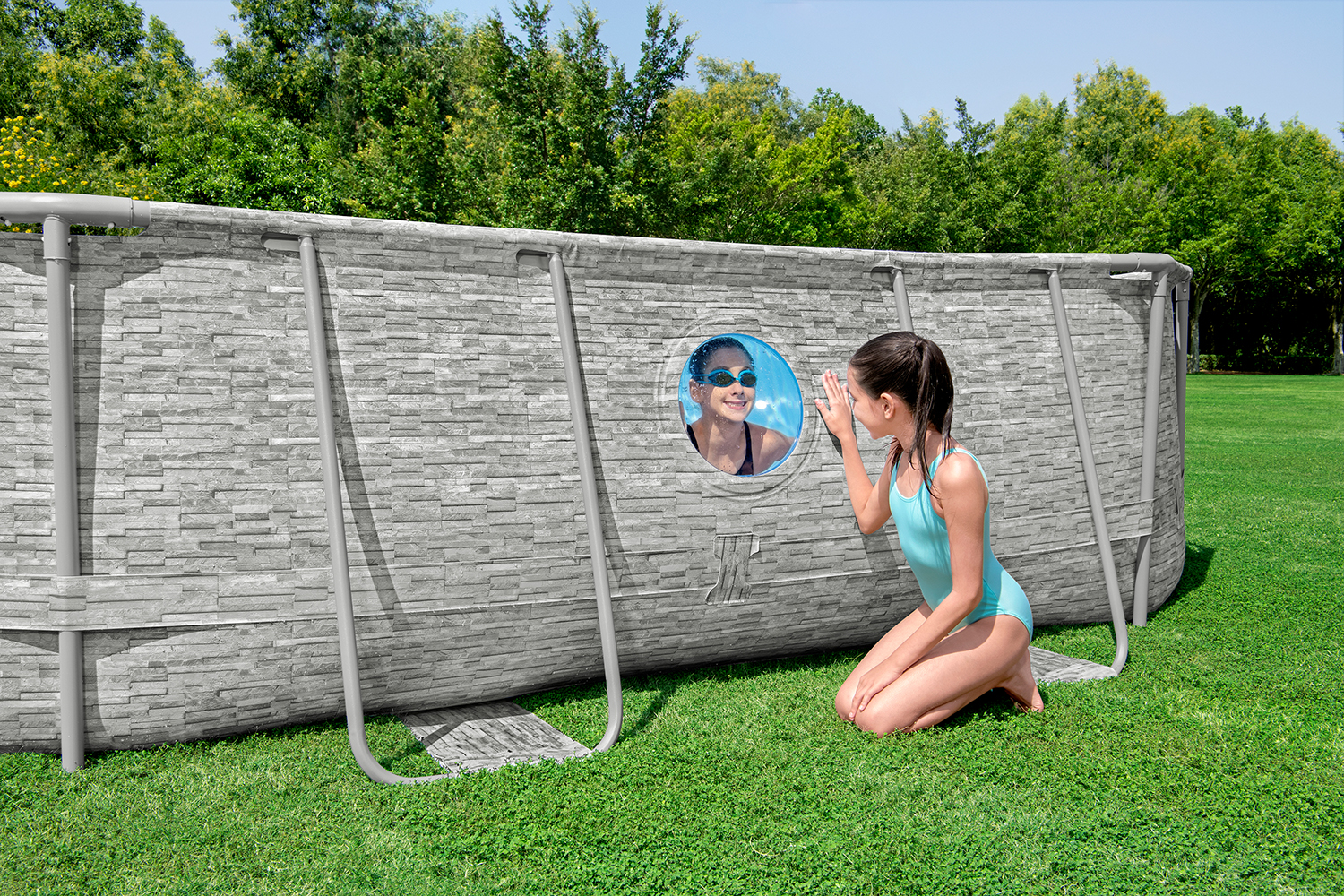 Steel Pro MAX™ Splashview™ Frame Pool Komplett-Set mit Sandfilteranlage 488 x 305 x 107 cm , Steinwand-Optik (Cremegrau), oval