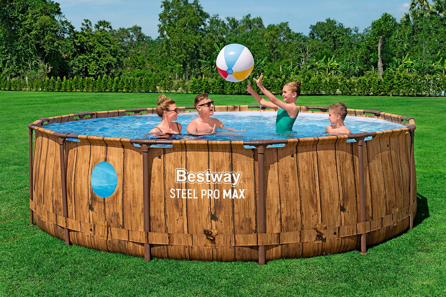 Steel Pro MAX™ Splashview™ Frame Pool Komplett-Set mit Filterpumpe Ø 427 x 107 cm, Holz-Optik (Pinie), rund