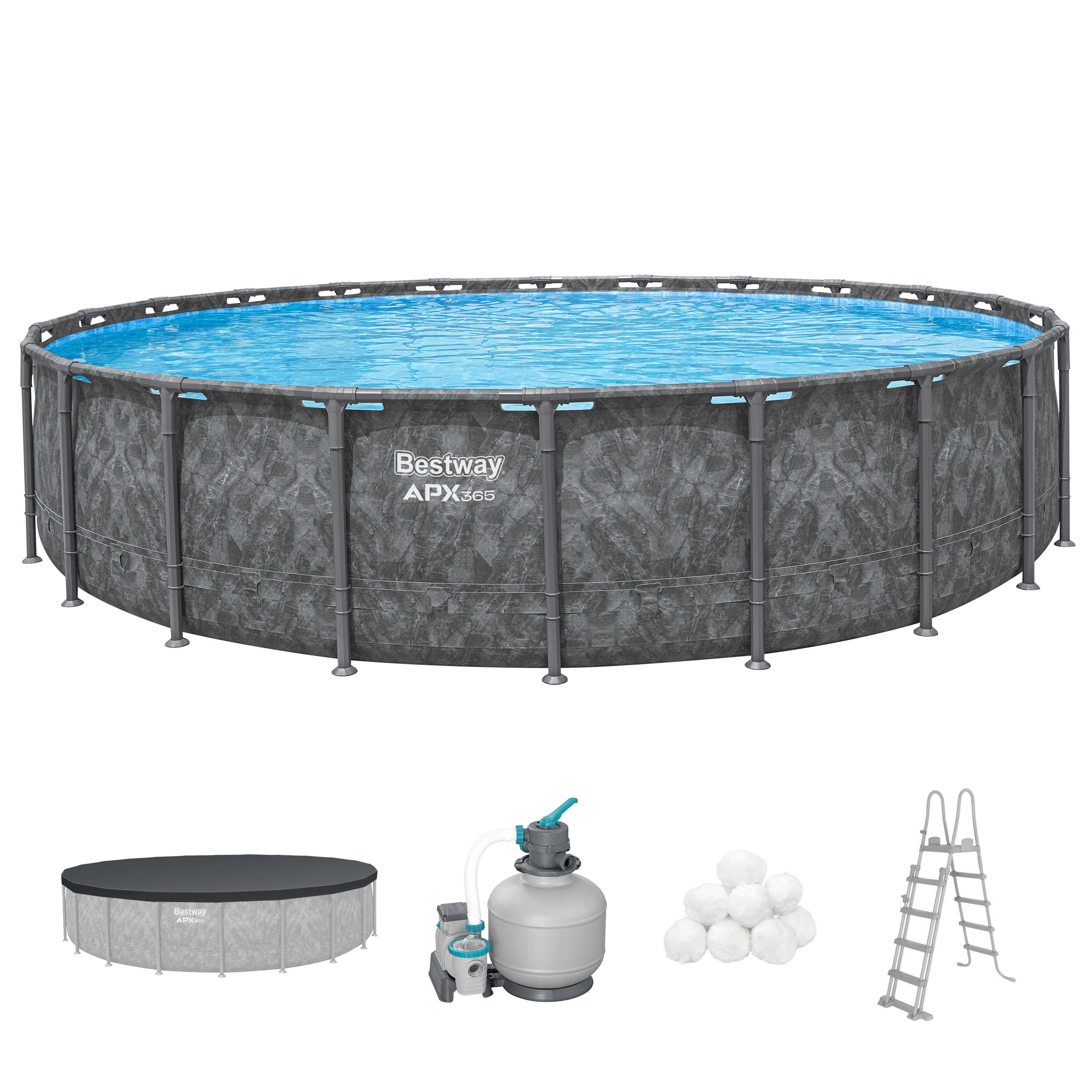 APX365™ Winterfestes Frame Pool Komplett Set mit Sandfilteranlage Ø 671 x 132 cm, Marmor-Optik (Dunkel), rund