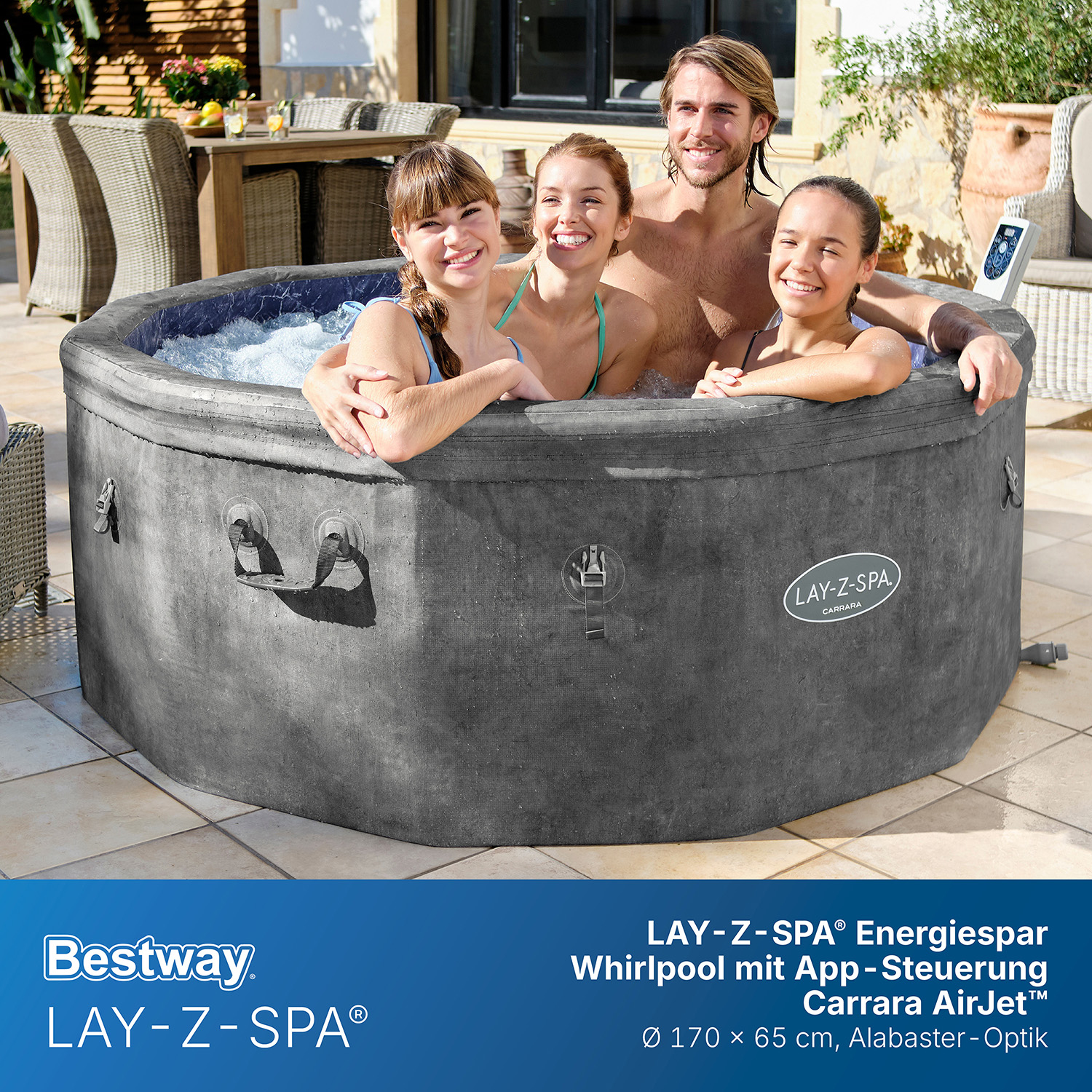 LAY-Z-SPA® Energiespar Whirlpool Carrara AirJet™ mit App-Steuerung, für 6 Personen, Ø 170 x 65 cm, Alabaster-Optik