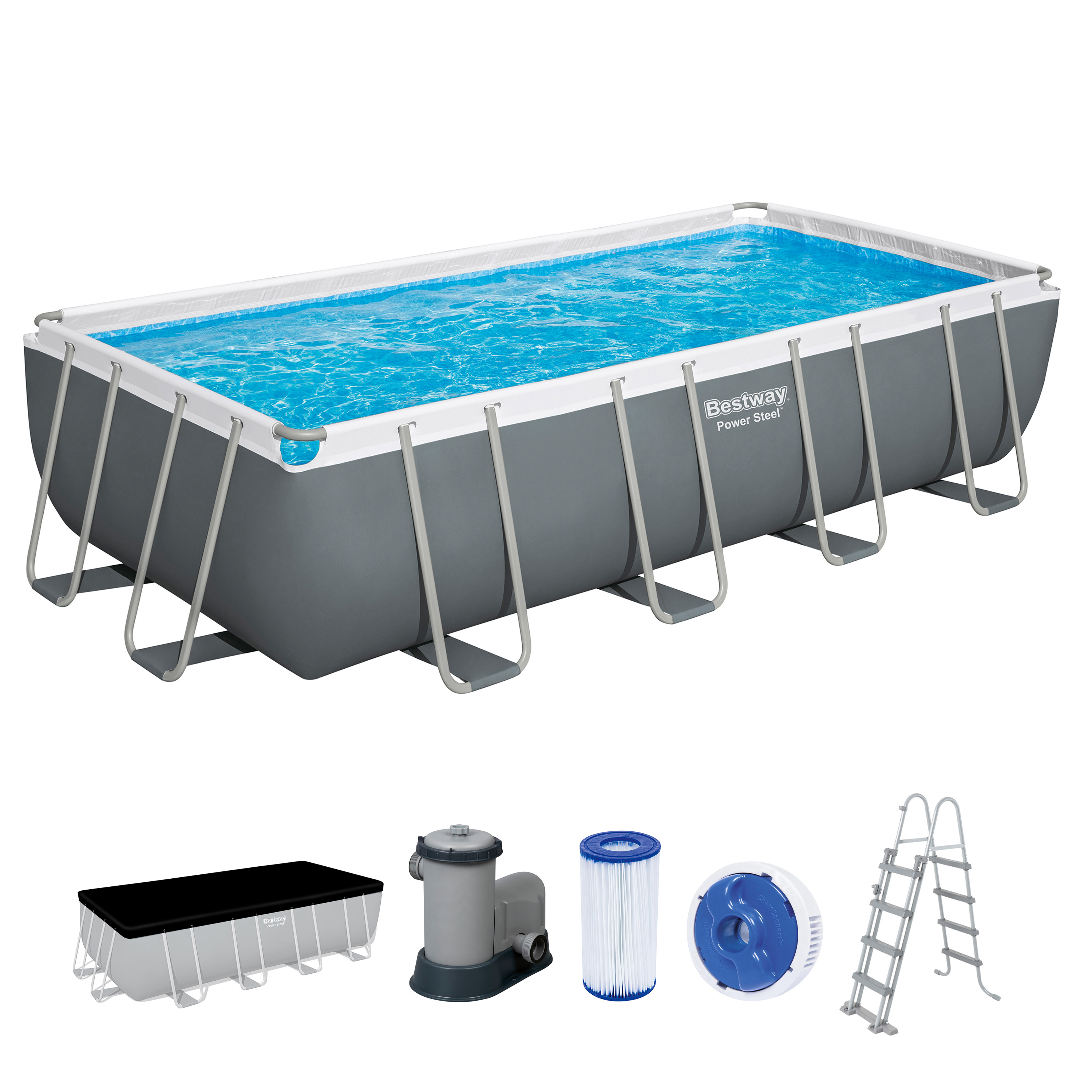 Power Steel™ Frame Pool Komplett-Set mit Filterpumpe 549 x 274 x 122 cm, grau, eckig