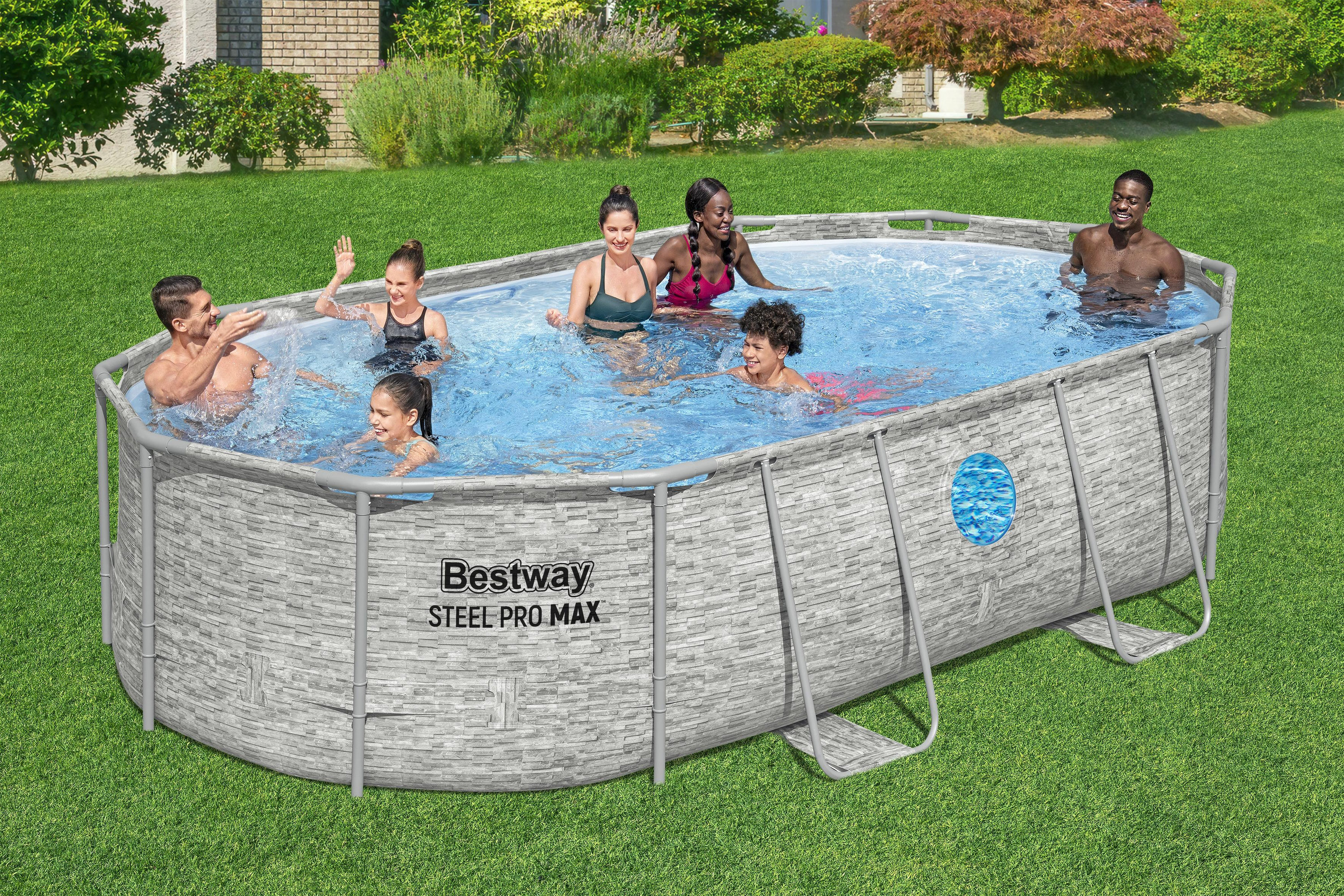 Steel Pro MAX™ Splashview™ Frame Pool Komplett Set mit Sandfilteranlage 488 x 305 x 107 cm , Steinwand-Optik (Cremegrau), oval