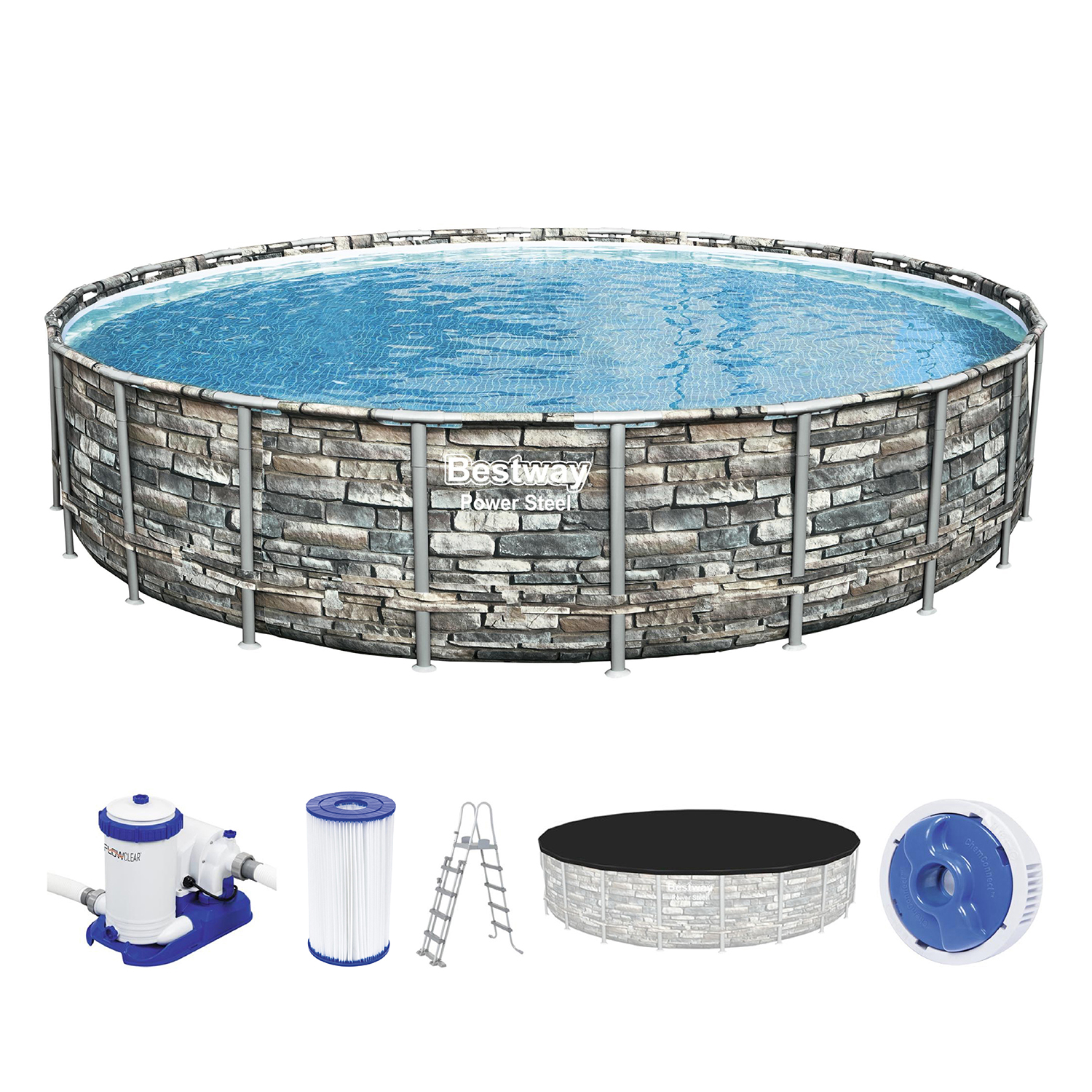 Power Steel™ Frame Pool Komplett Set mit Filterpumpe Ø 671 x 132 cm Steinwand-Optik (Naturstein), rund