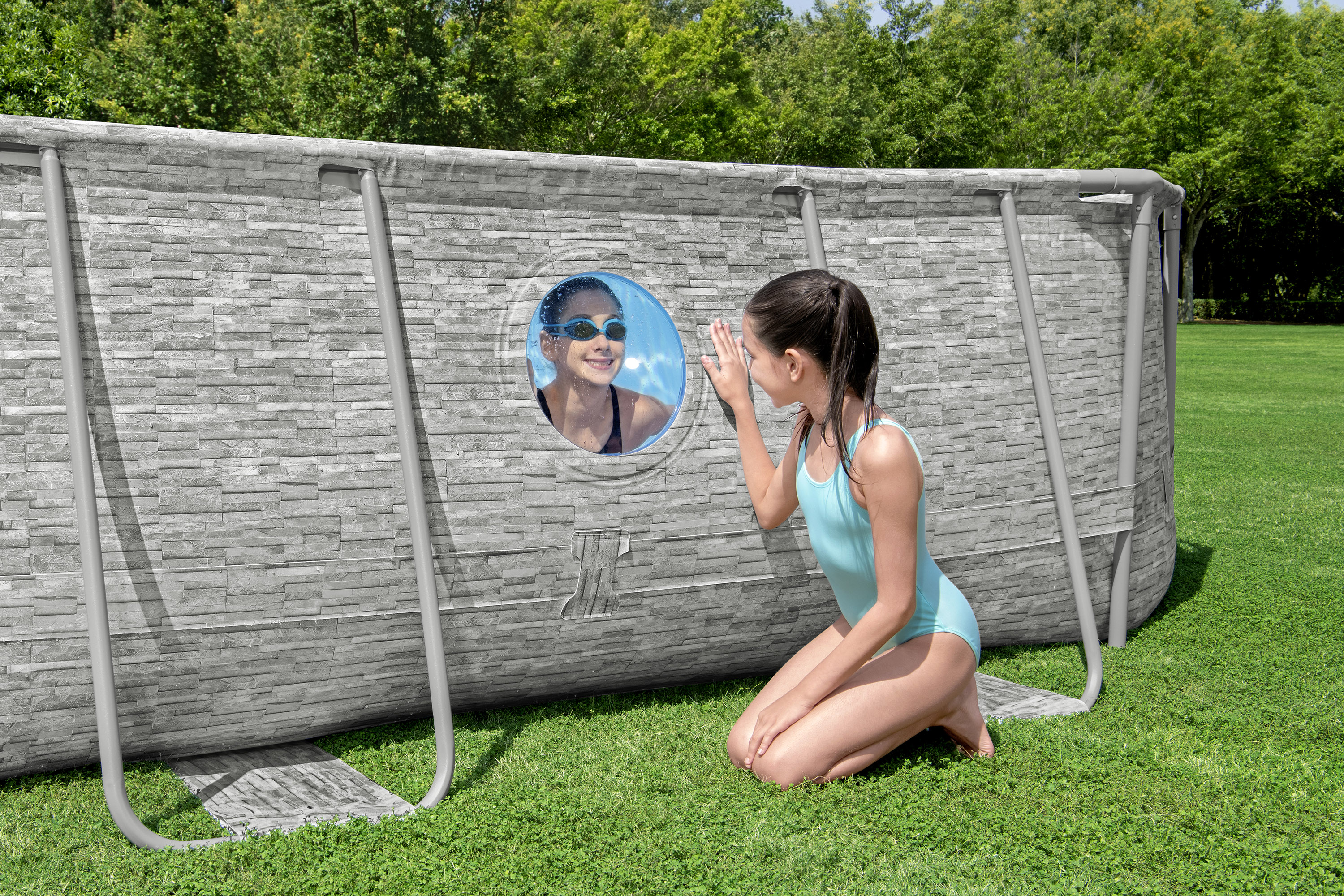 Power Steel™ Swim Vista Series™ Solo Pool ohne Zubehör 488 x 305 x 107 cm, Steinwand-Optik (Cremegrau), oval