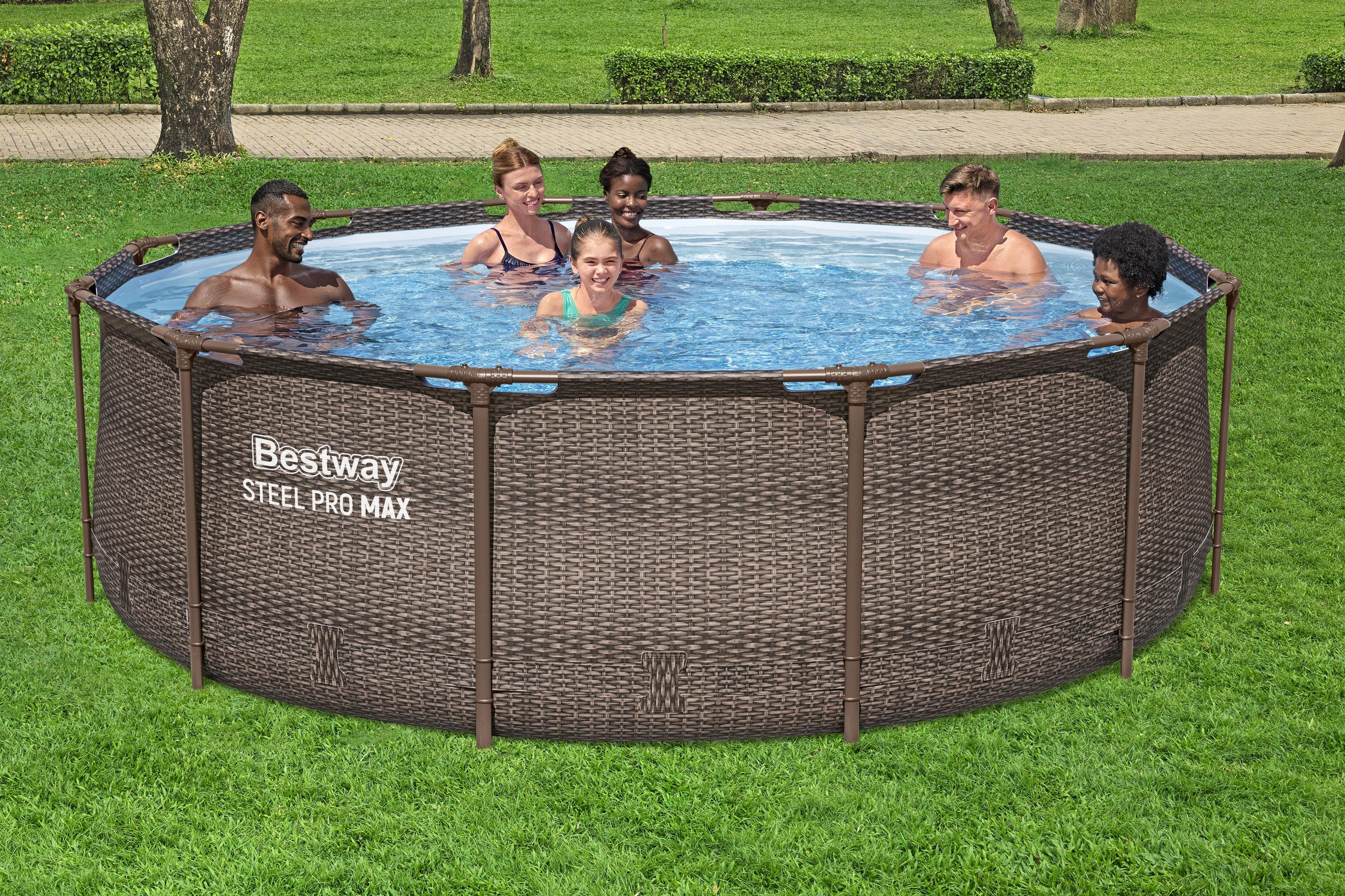 Steel Pro MAX™ Frame Pool Set mit Filterpumpe Ø 366 x 100 cm, Rattan-Optik (Schokobraun), rund