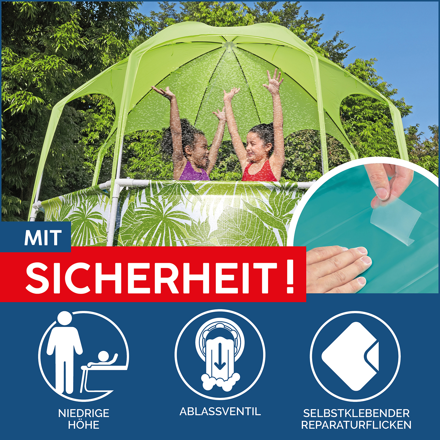 Steel Pro™ Frame Pool mit Sonnenschutzdach "Splash-in-Shade" ohne Pumpe Ø 244 x 51 cm, grünes Blätter-Design, rund 
