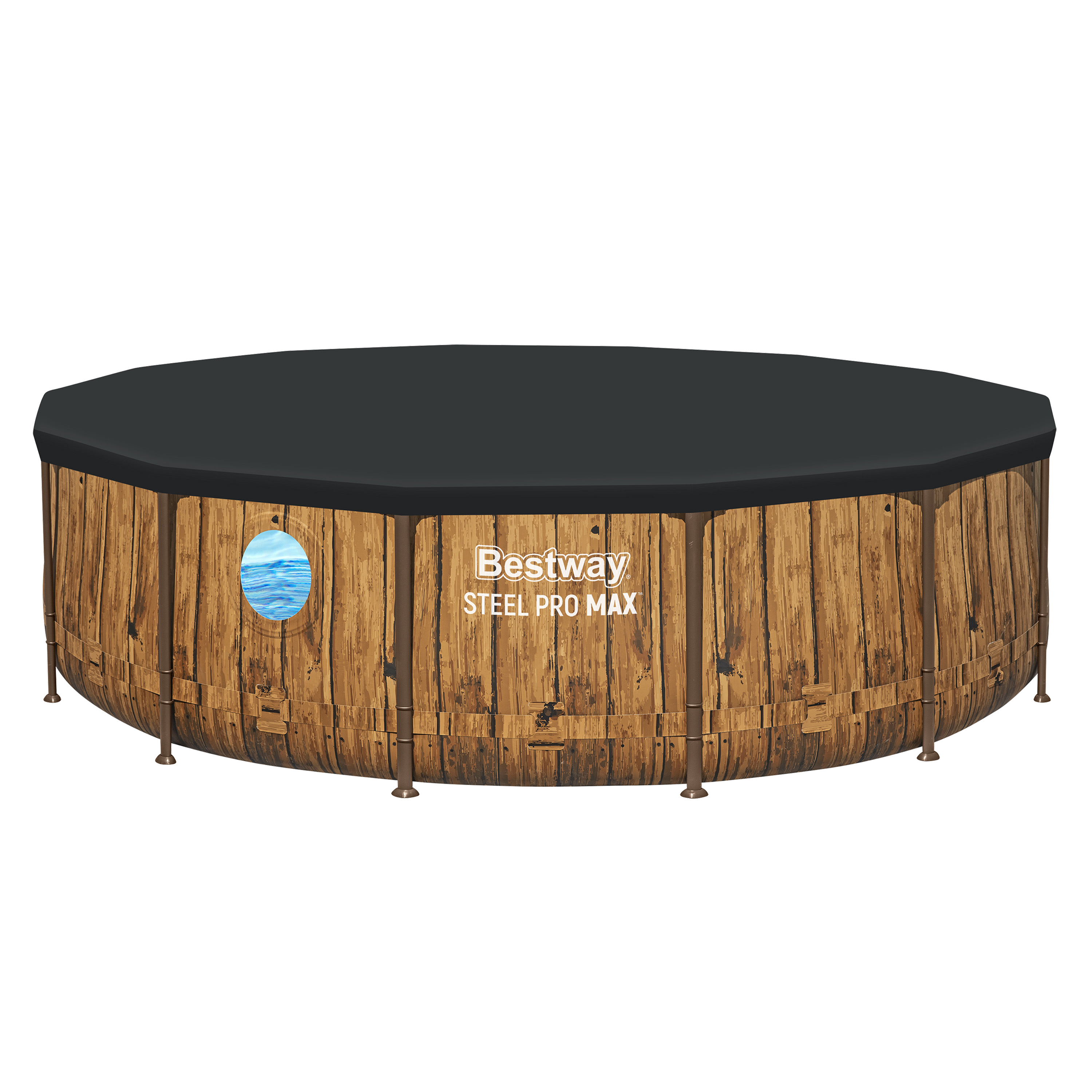 Steel Pro MAX™ Splashview™ Frame Pool Komplett Set mit Filterpumpe Ø 427 x 107 cm, Holz-Optik (Pinie), rund