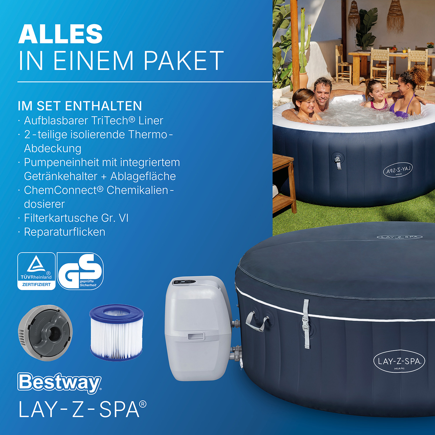 LAY-Z-SPA® Energiespar Whirlpool Miami AirJet™ für 4 Personen Ø 180 x 66 cm, Dunkelblau