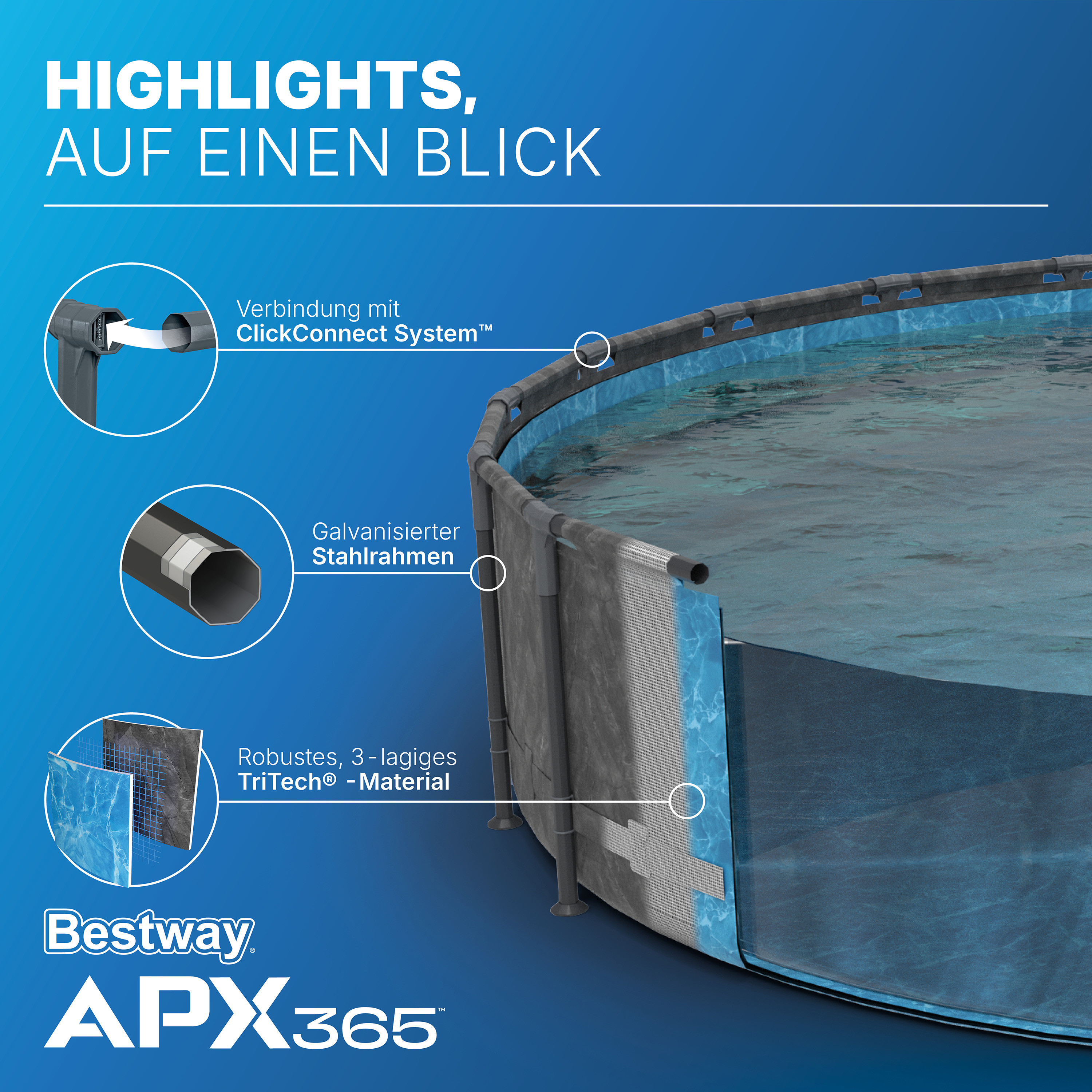 APX365™ Winterfestes Frame Pool Komplett Set mit Sandfilteranlage Ø 610 x 132 cm, Marmor-Optik (Dunkel), rund