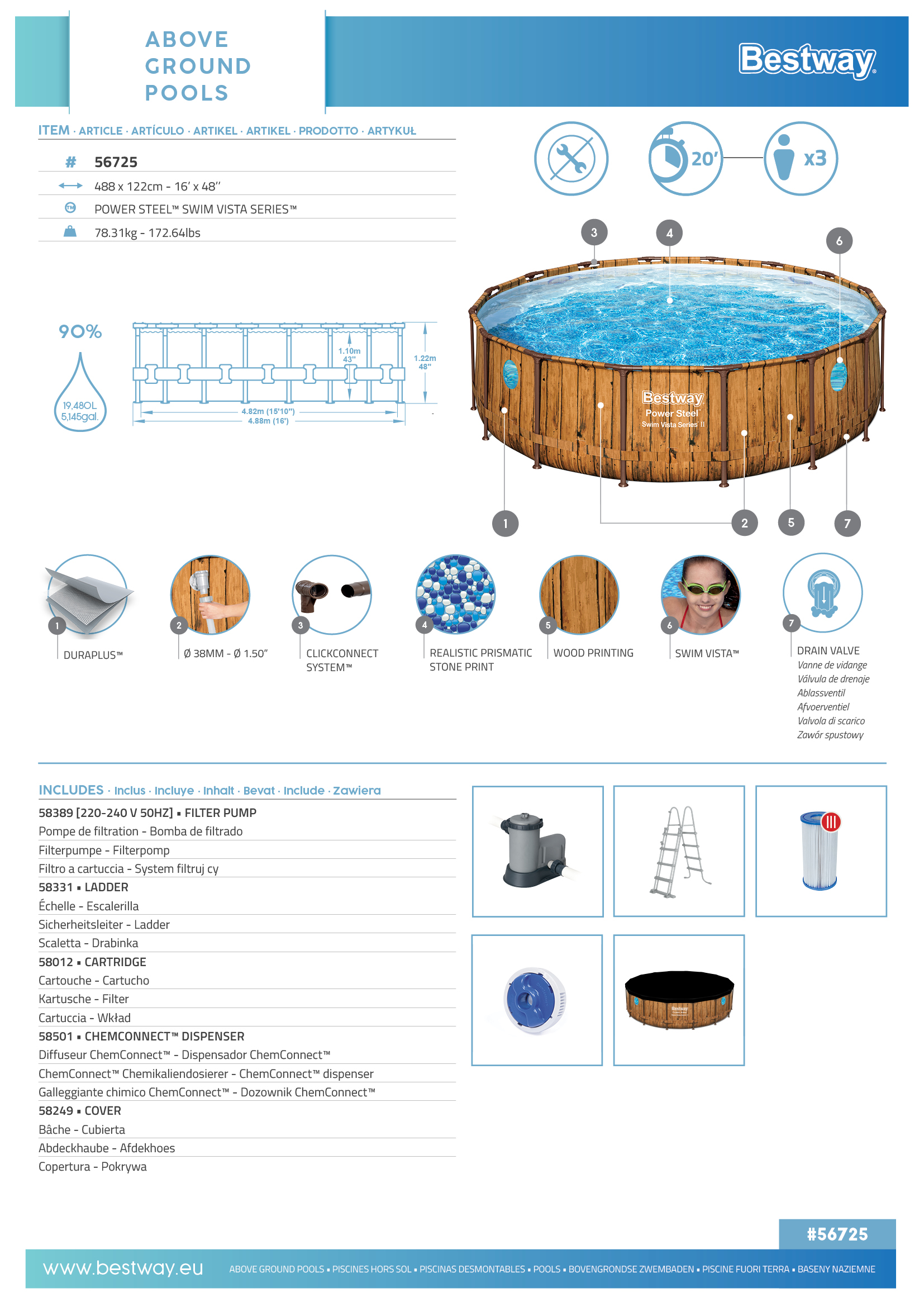 Power Steel™ Swim Vista Series™ Frame Pool Komplett-Set mit Filterpumpe Ø 488 x 122 cm, Holz-Optik (Pinie), rund
