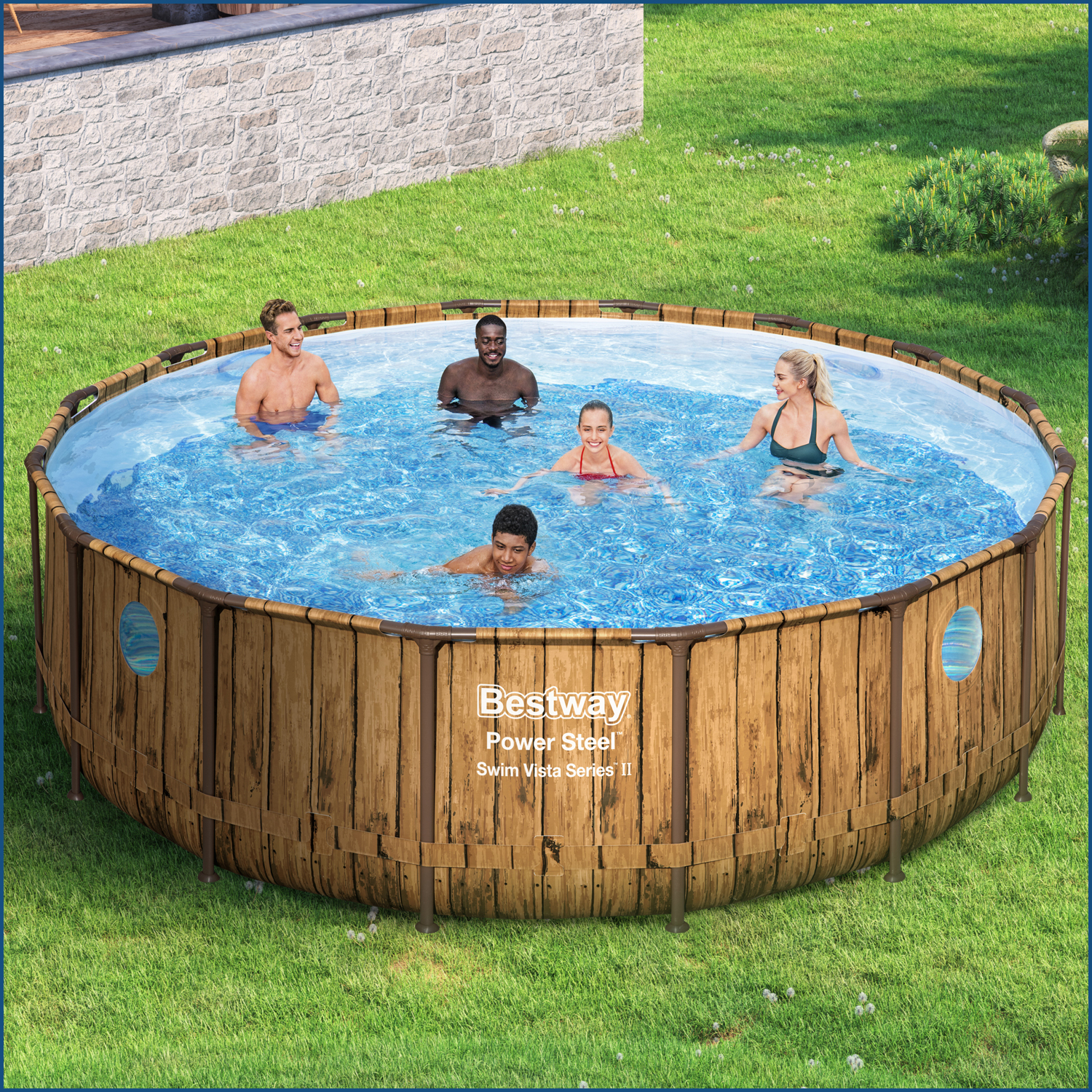 Power Steel™ Swim Vista Series™ Frame Pool Komplett-Set mit Filterpumpe Ø 488 x 122 cm, Holz-Optik (Pinie), rund