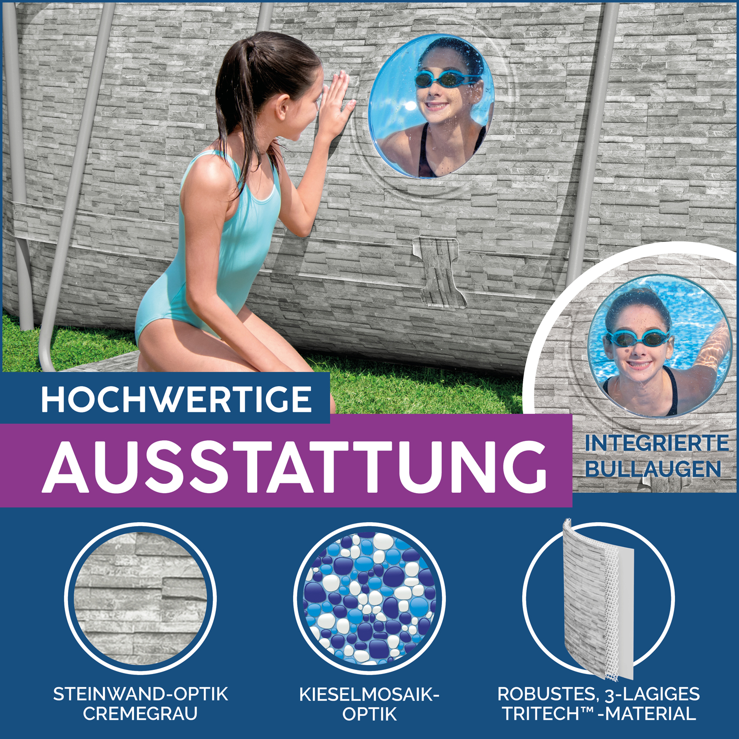 Power Steel™ Swim Vista Series™ Frame Pool Komplett-Set mit Sandfilteranlage 488 x 305 x 107 cm , Steinwand-Optik (Cremegrau), oval