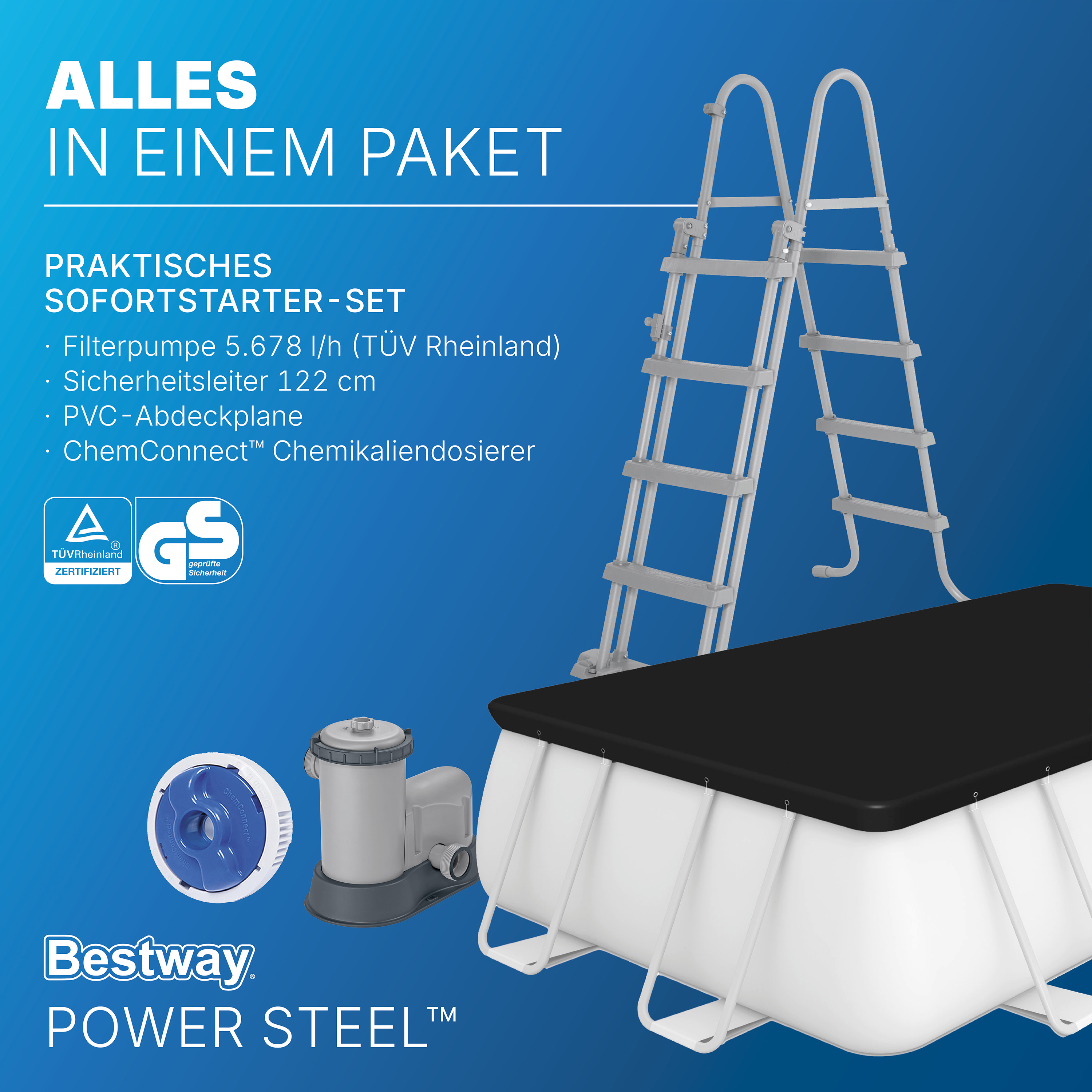 Power Steel™ Frame Pool Komplett Set mit Filterpumpe 549 x 274 x 122 cm , lichtgrau, eckig