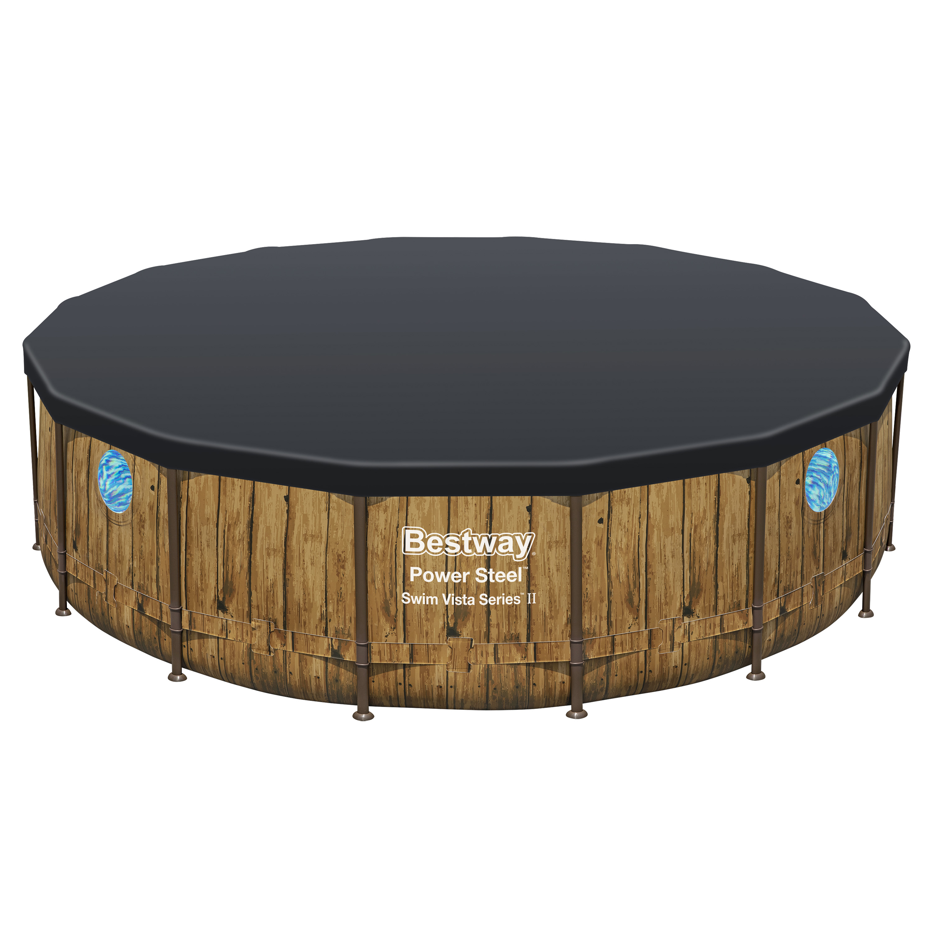 Power Steel™ Swim Vista Series™ Frame Pool Komplett Set mit Filterpumpe Ø 488 x 122 cm, Holz-Optik (Pinie), rund