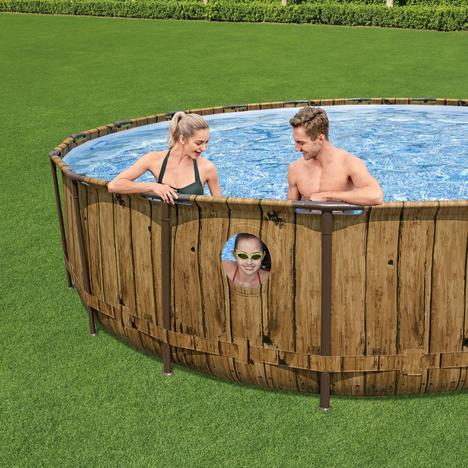 Power Steel™ Swim Vista Series™ Frame Pool Komplett-Set mit Filterpumpe Ø 488 x 122 cm, Holz-Optik (Pinie), rund