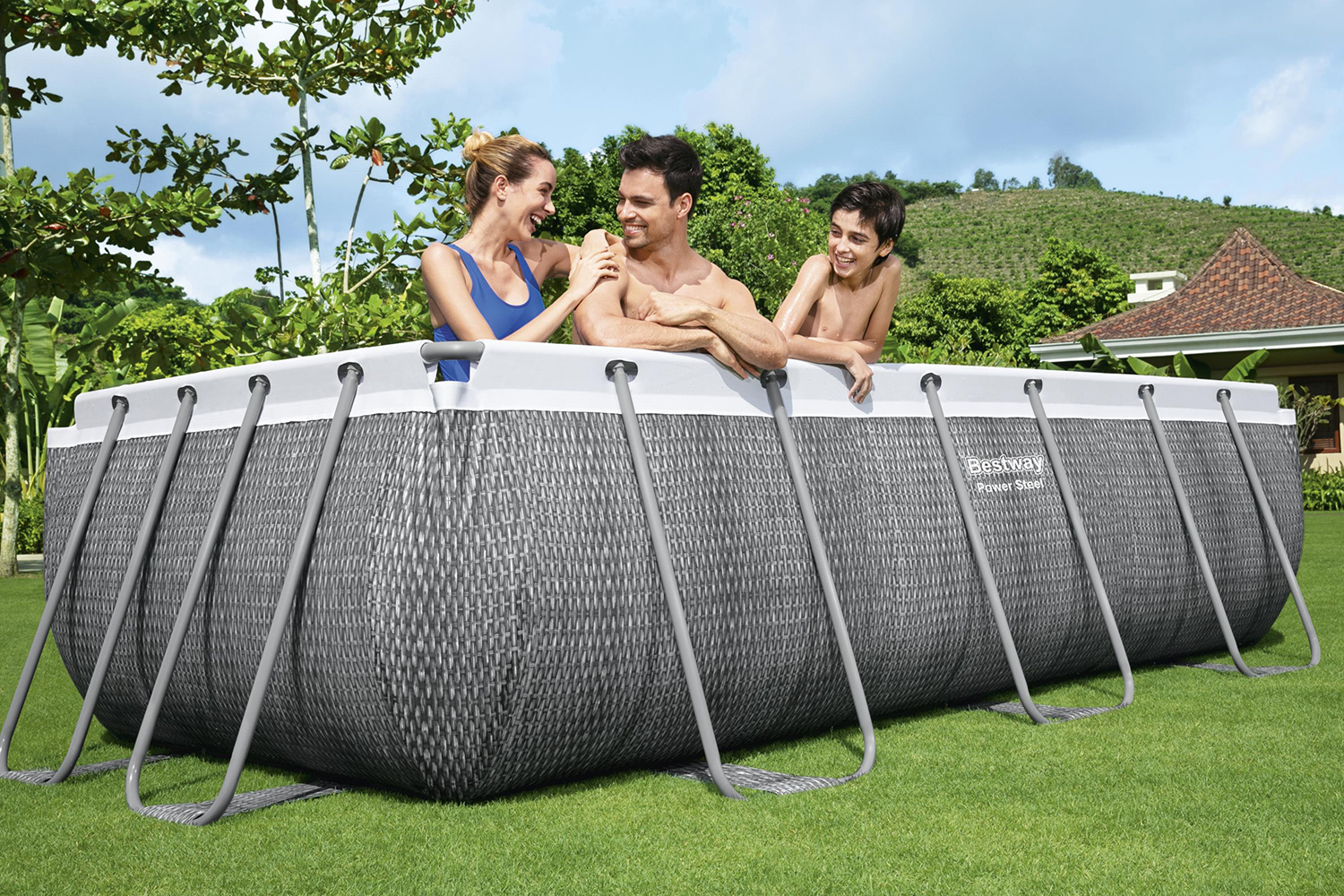 Power Steel™ Frame Pool Set mit Filterpumpe 404 x 201 x 100 cm, Rattan-Optik (Schiefergrau), eckig