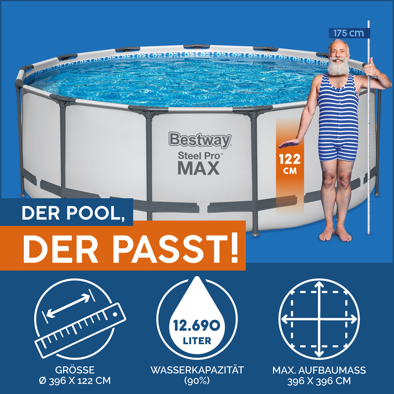 Steel Pro MAX™ Frame Pool  Komplett-Set mit Filterpumpe Ø 396 x 122 cm, lichtgrau, rund