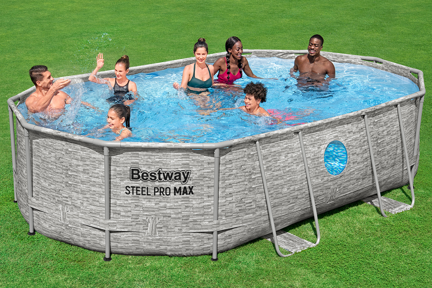 Steel Pro MAX™ Splashview™ Frame Pool Komplett-Set mit Sandfilteranlage 488 x 305 x 107 cm , Steinwand-Optik (Cremegrau), oval
